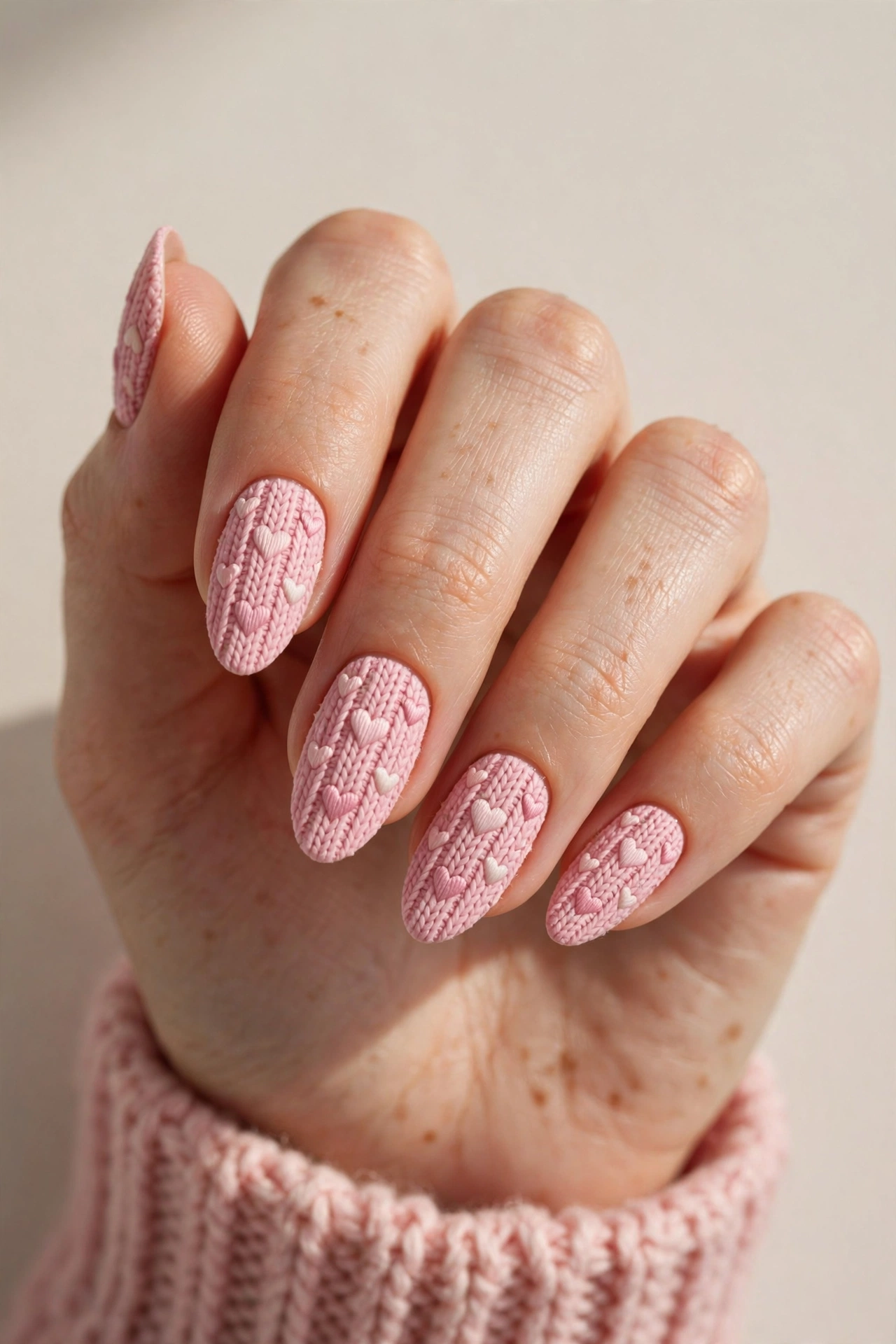 Pink knit sweater nails with tiny hearts