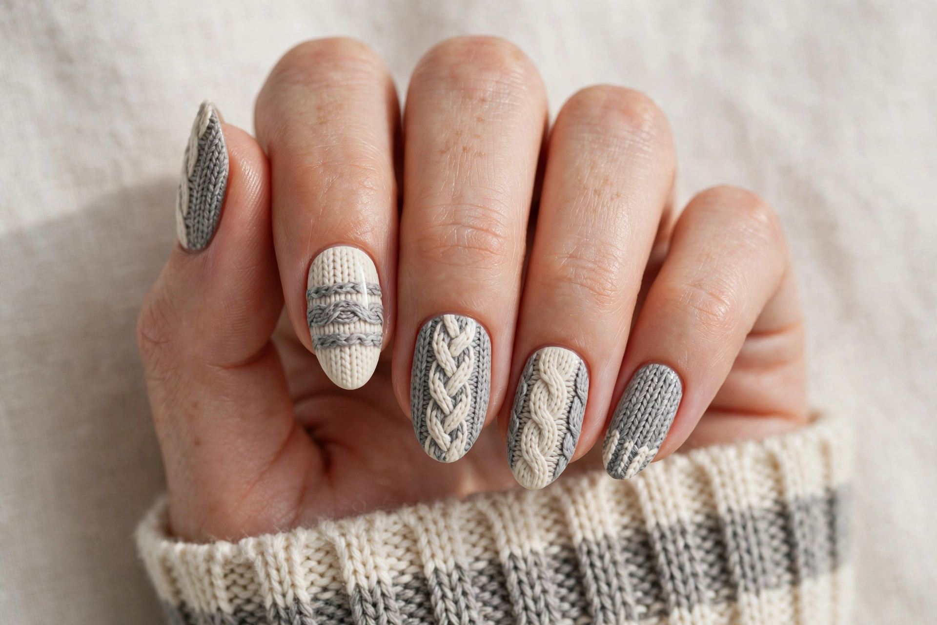 Two tone cream and grey knit sweater nails