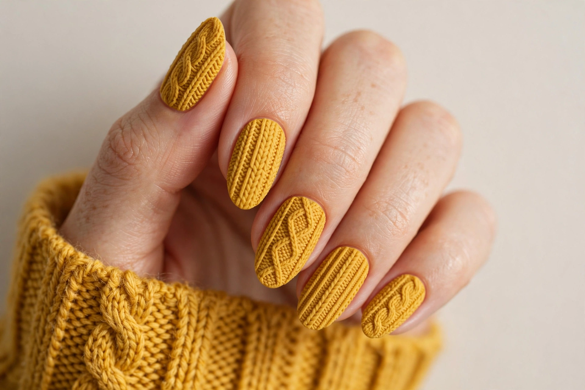 Mustard yellow knit sweater nails