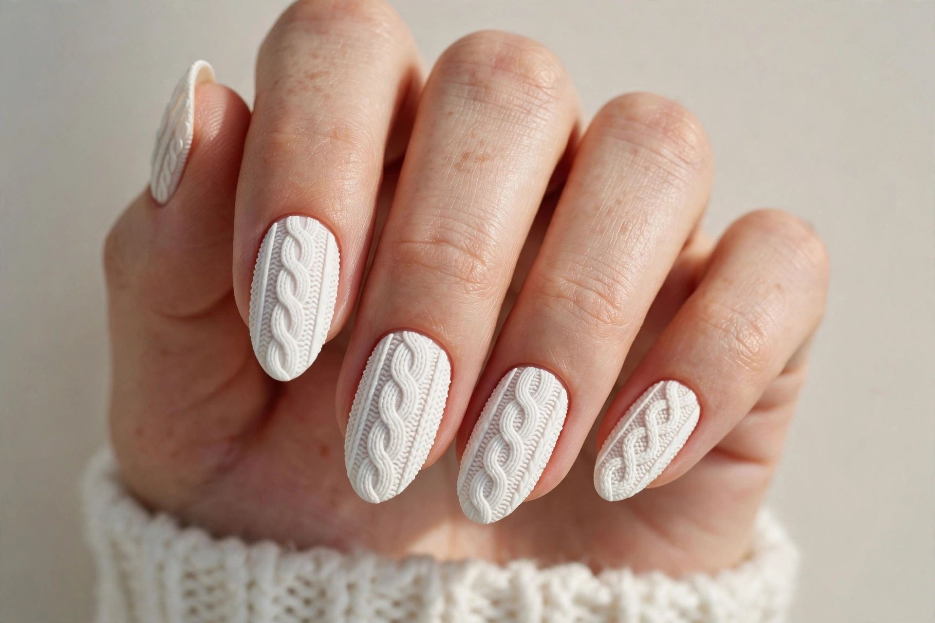 White 3D textured knit sweater nails