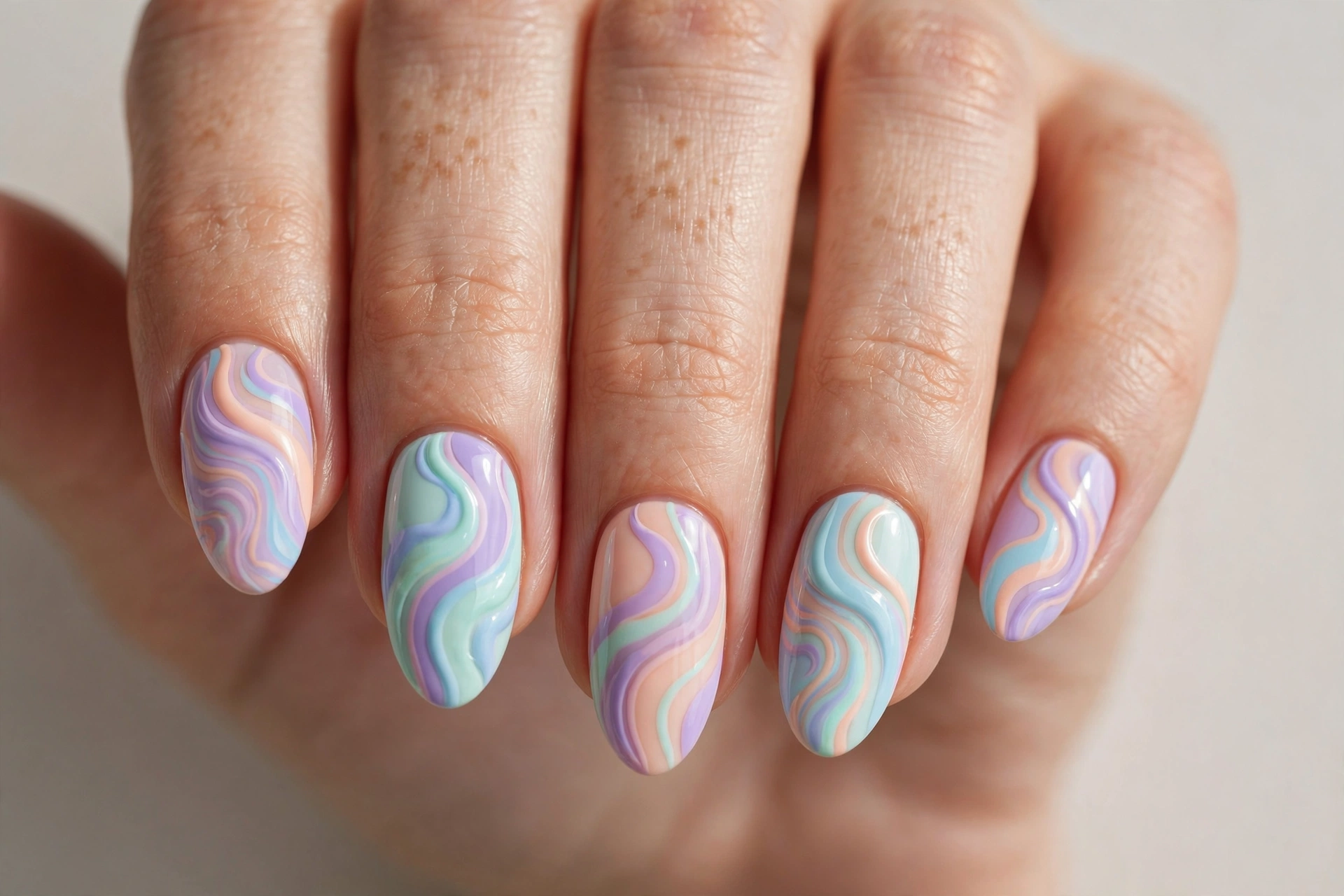 Pastel swirl nail art in lavender, mint, peach and baby blue soft wavy lines