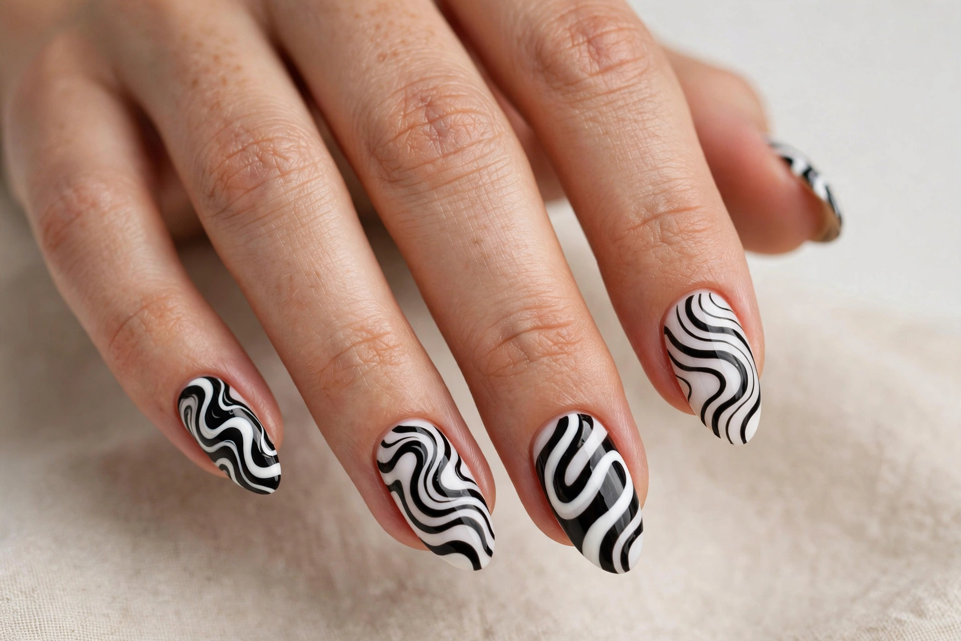 Black and white swirl nail art with bold monochrome wavy lines