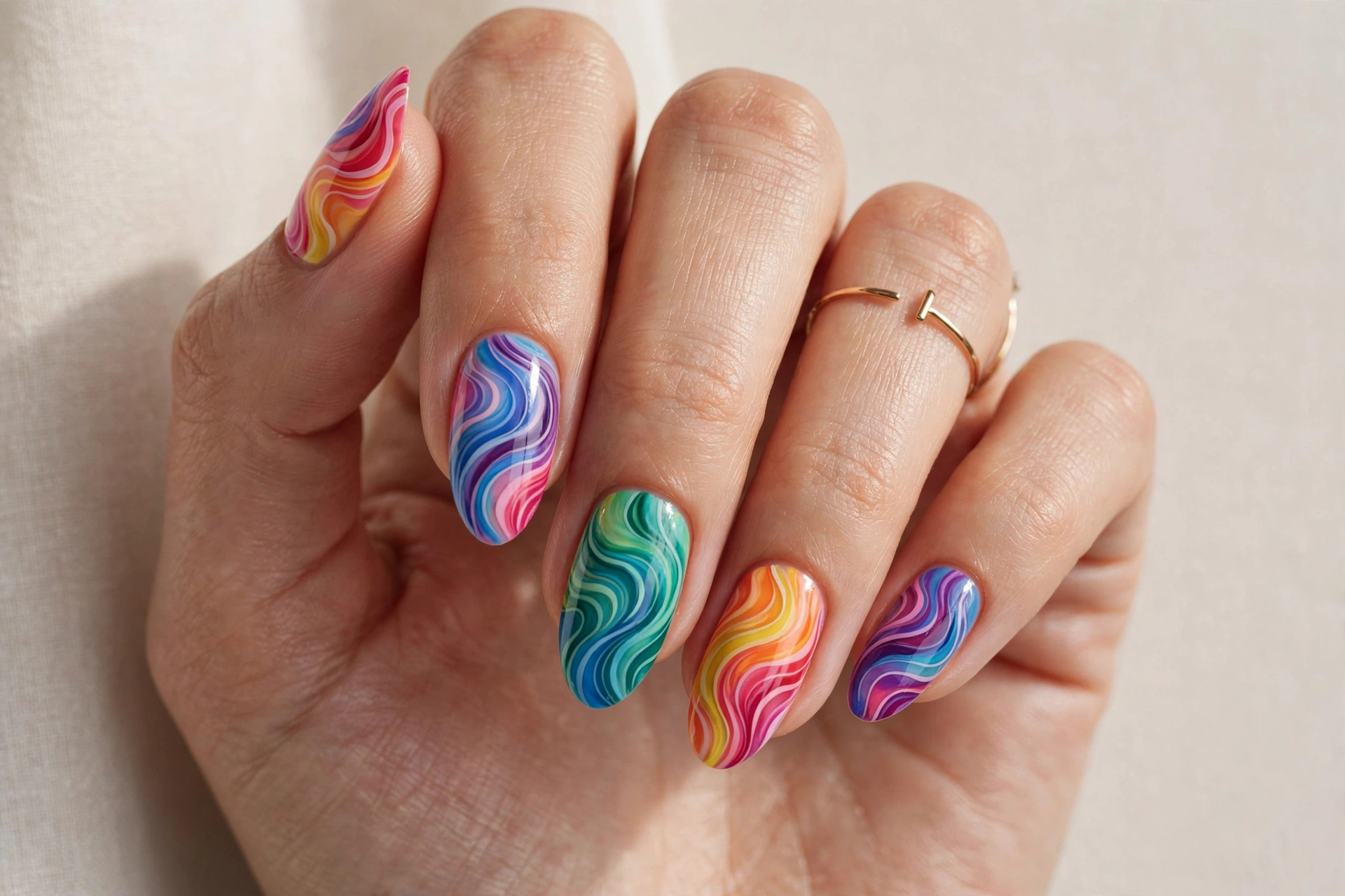 Colorful abstract rainbow swirl nail art with vibrant multicolor wavy lines