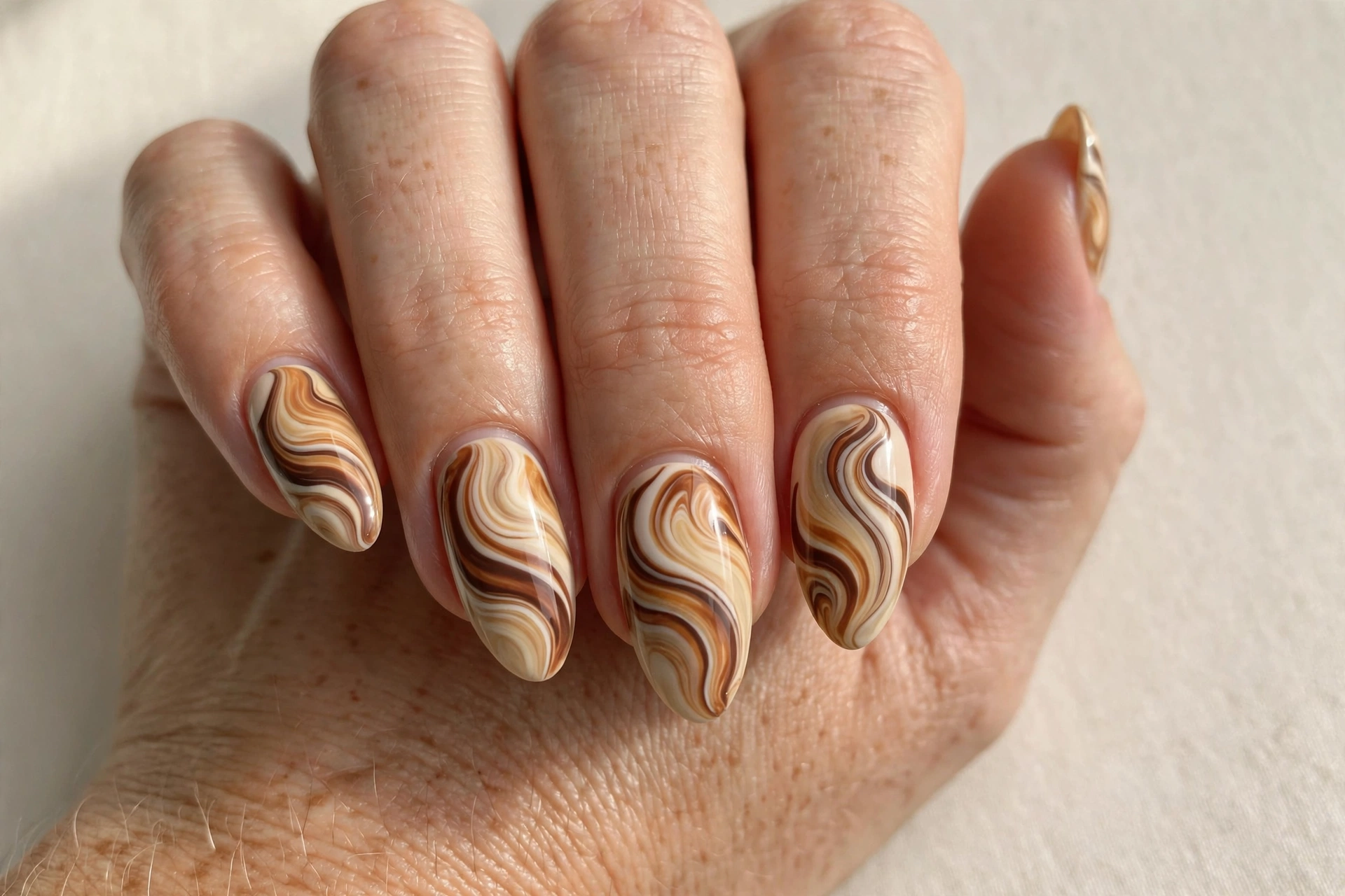 Latte beige swirl nail art in coffee brown, caramel and cream wavy lines