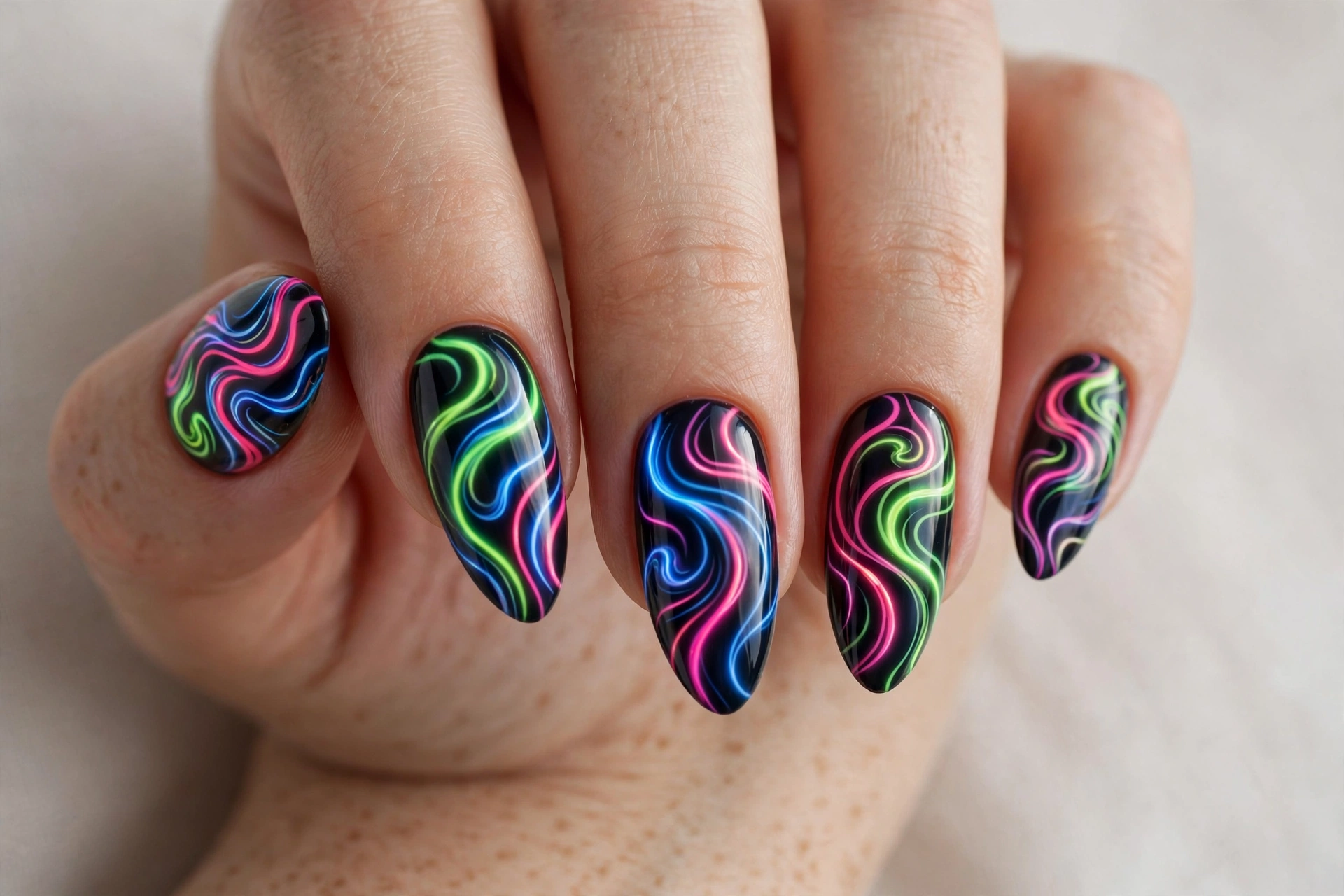 Neon swirl nail art with hot pink, lime green and electric blue glowing wavy lines