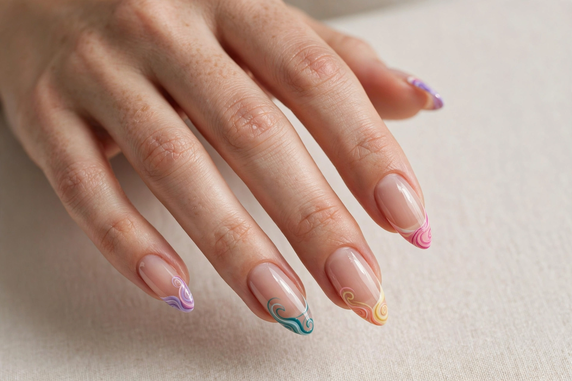 French tip swirl nail art with colorful swirl designs on sheer nude nail tips