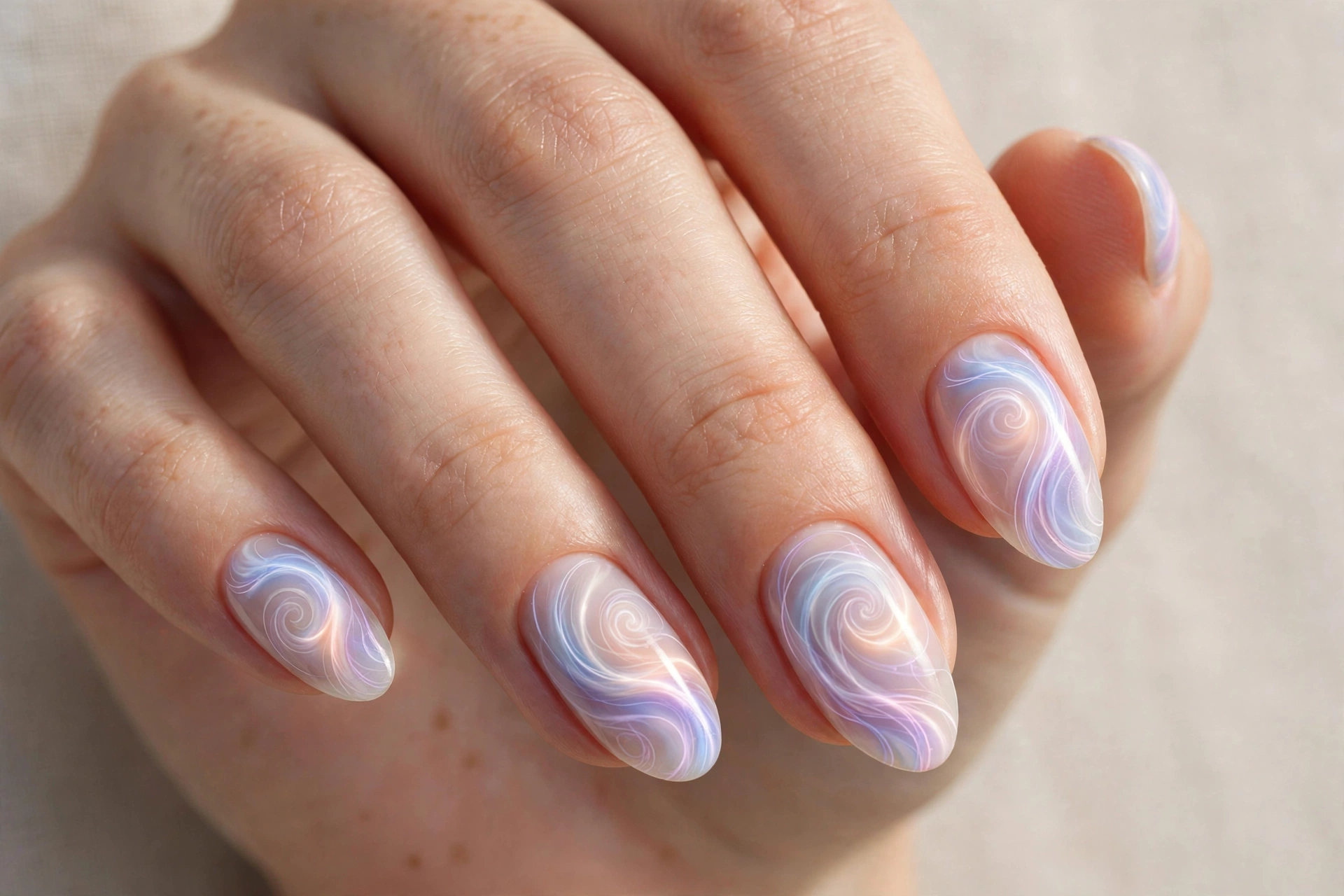 Aura swirl nail art with soft glowing gradient and delicate swirl lines