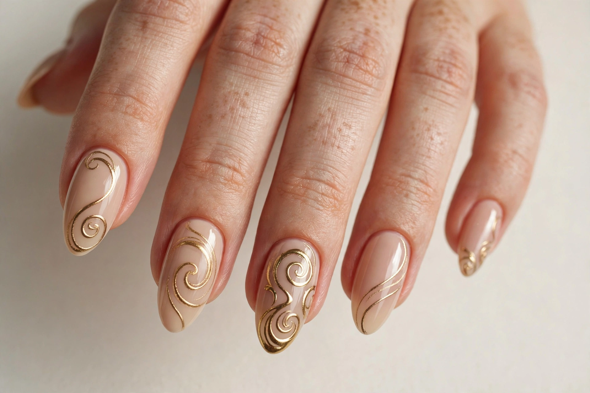 Gold swirl accent nail art with metallic gold swirl lines on nude beige nails