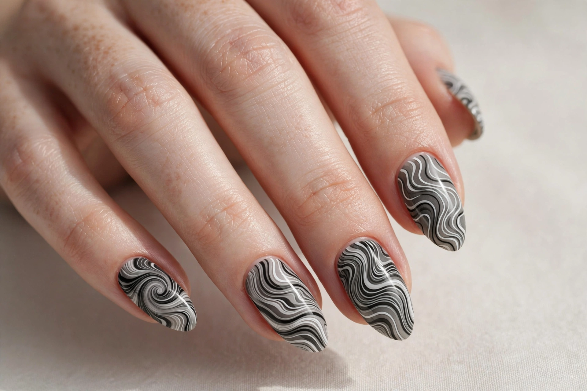 Monochrome greyscale swirl nail art with black, grey and white wavy lines
