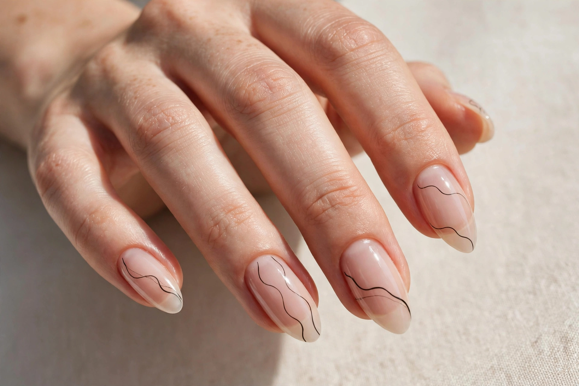 Minimalist thin wavy line art on sheer nude nails with delicate black lines