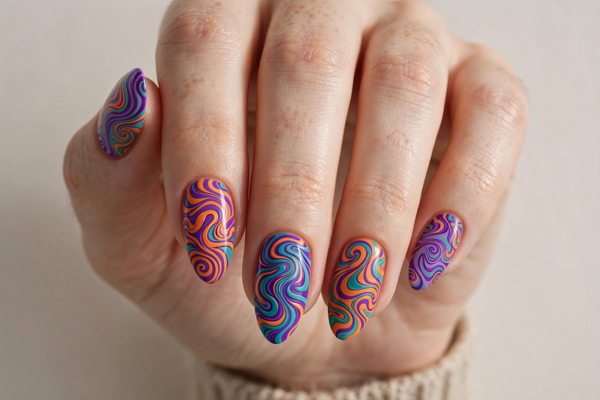 Psychedelic swirl nail art with bold trippy colorful wavy patterns