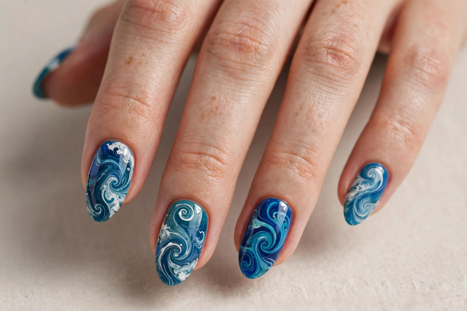 Ocean blue swirl nail art with deep blue, teal and white wave swirls