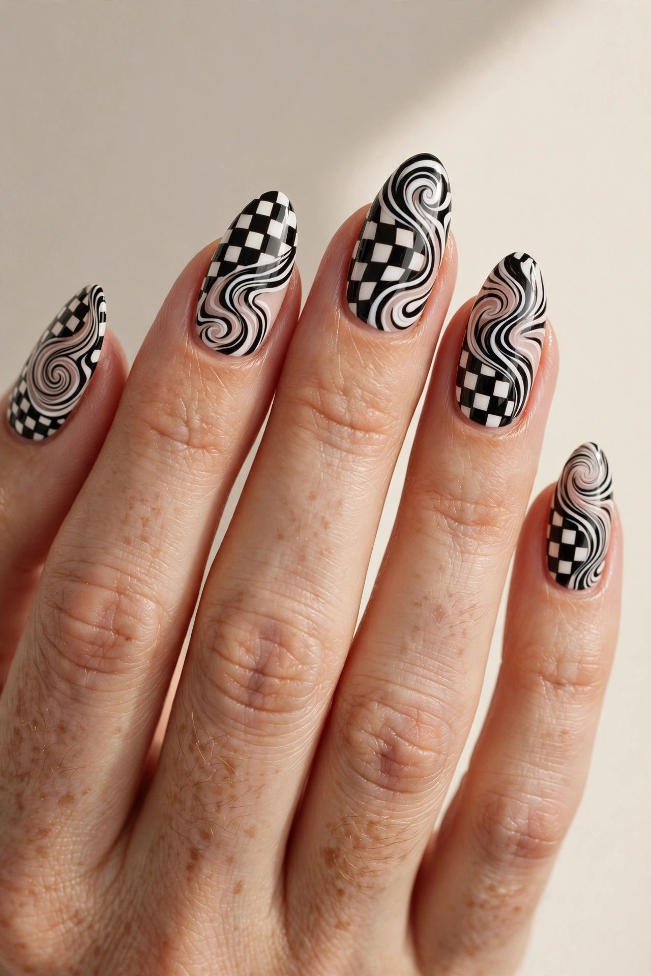 Checkered swirl nail art blending black and white checkerboard with wavy lines