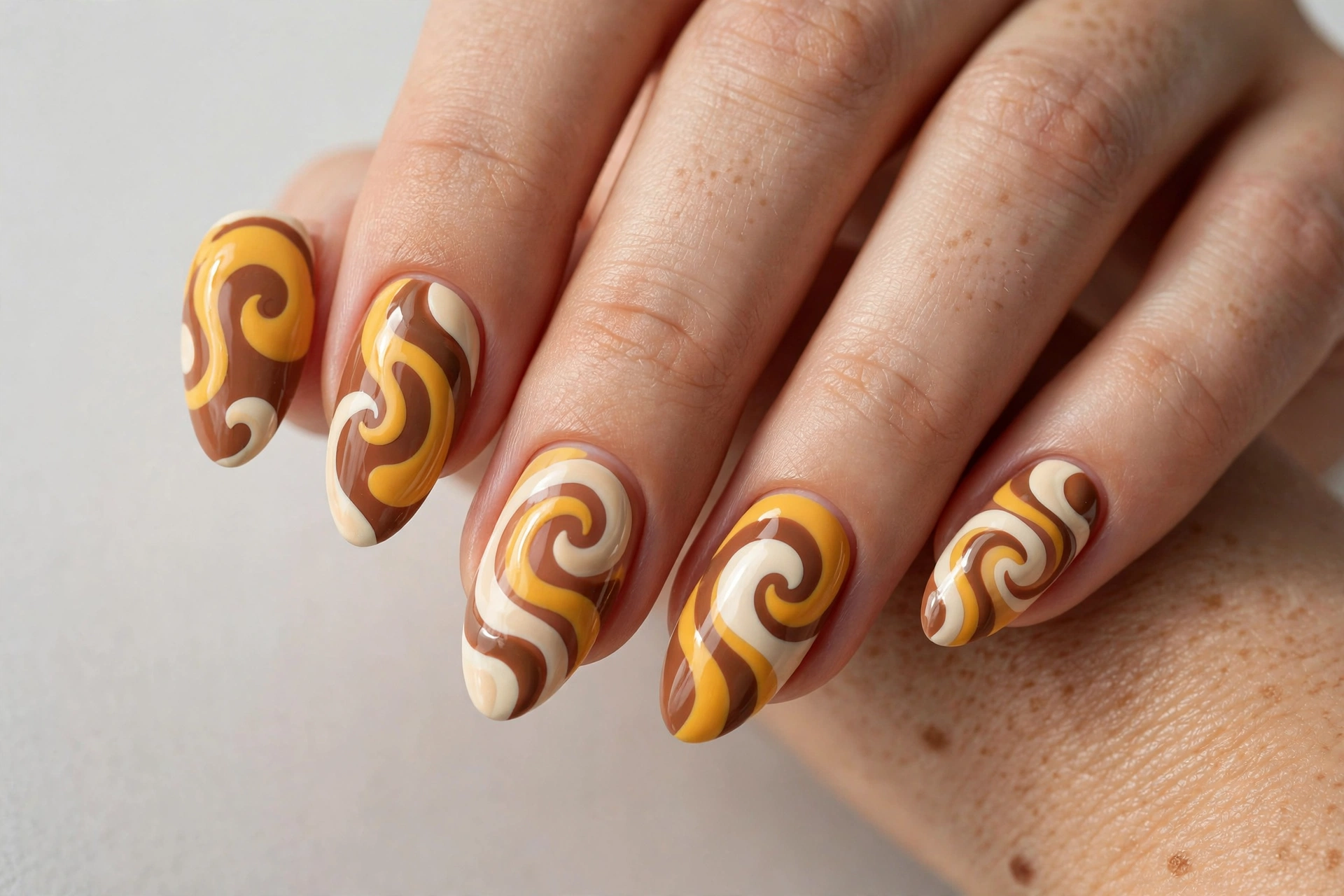 Chunky bold swirl nail art with thick retro swirl shapes in mustard and brown