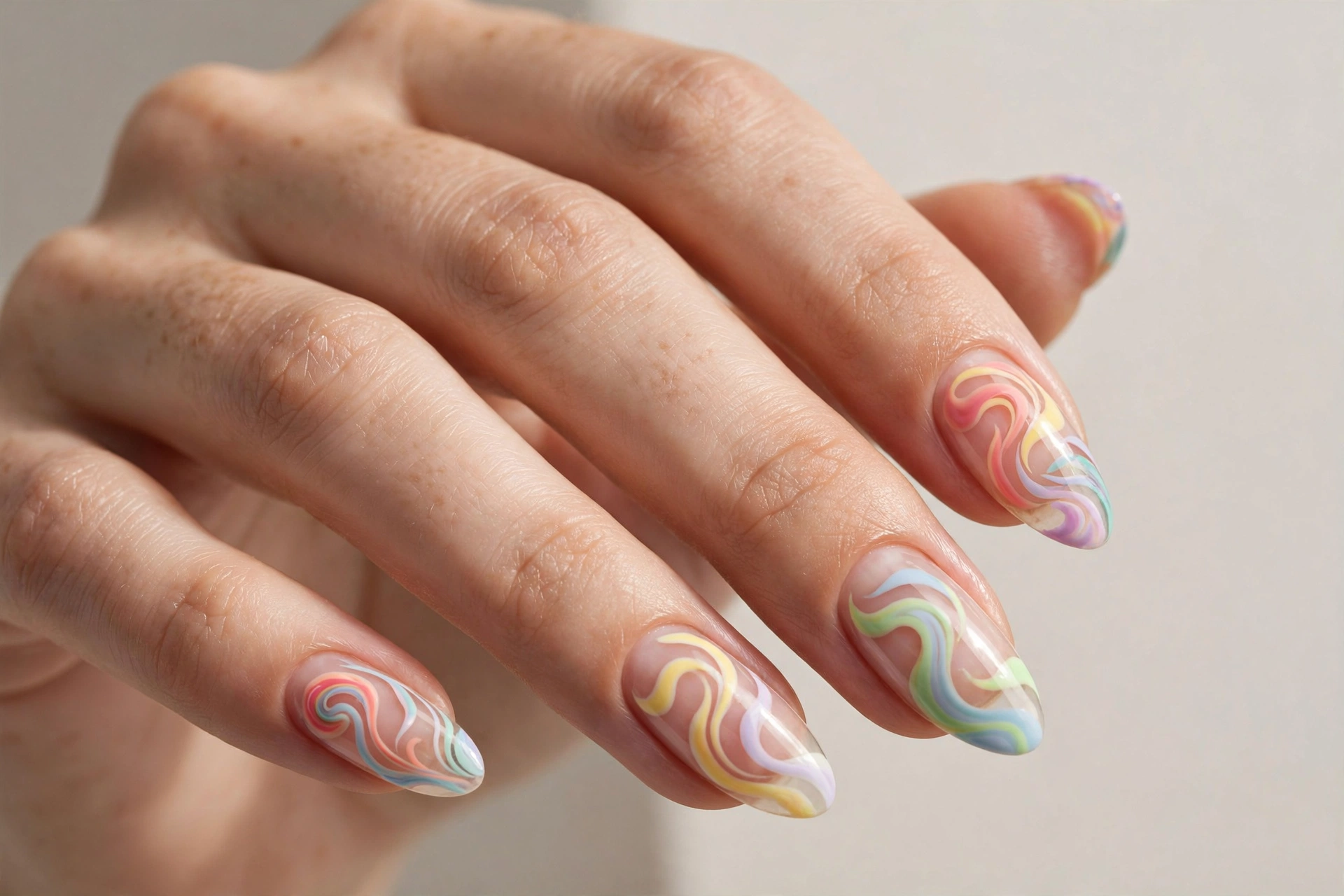 Negative space swirl nail art with colorful swirls on clear natural nail base