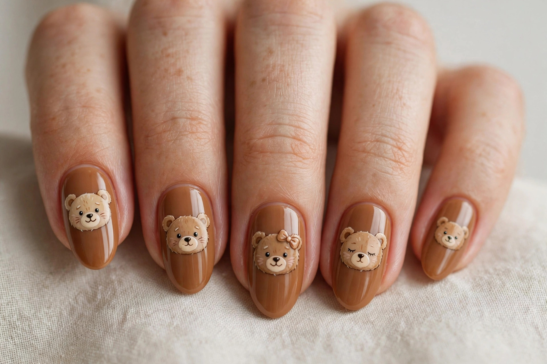 Close-up of a woman's hand with cute teddy bear faces in caramel brown fall nail art on almond shaped nails