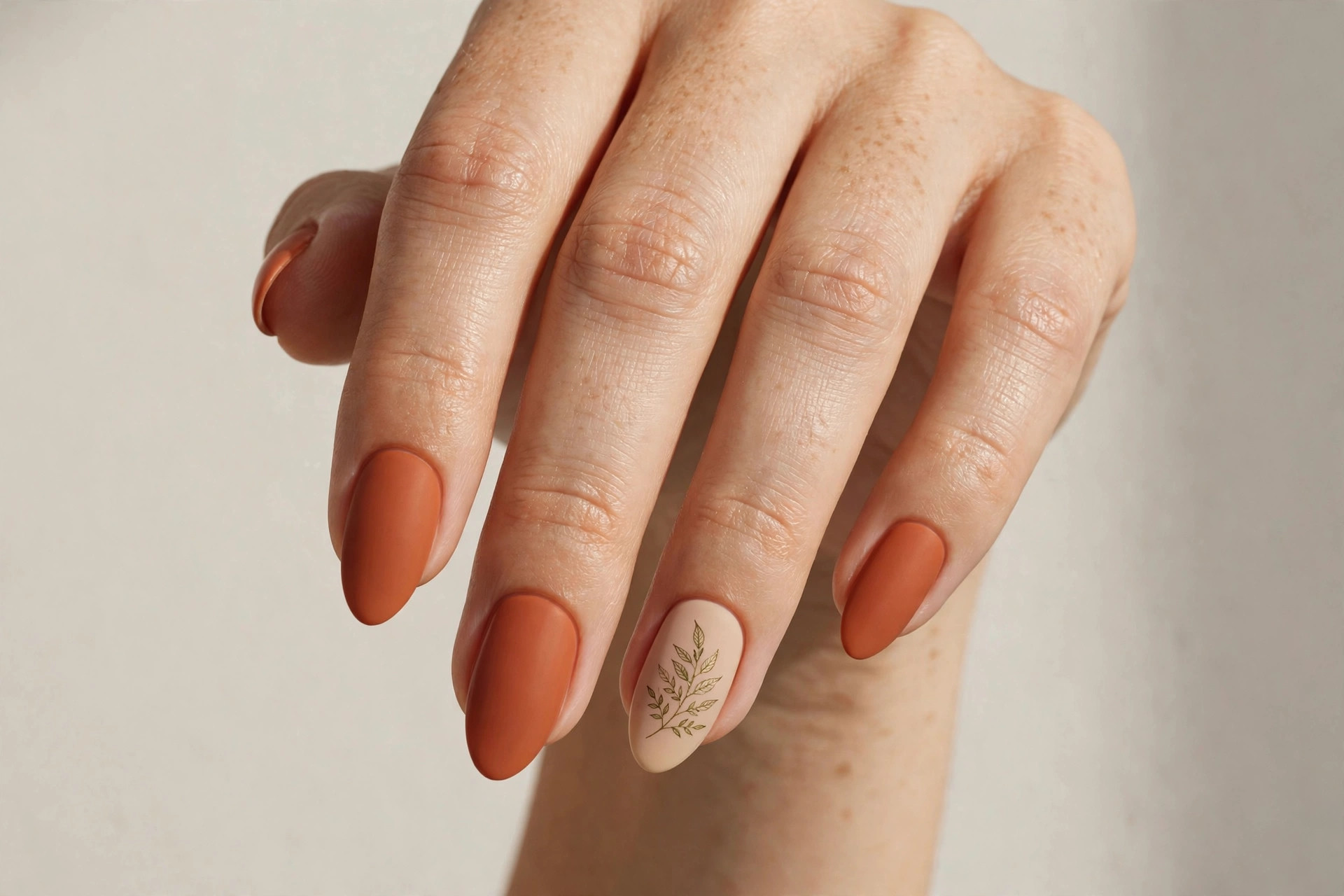 Close-up of a woman's hand with terracotta manicure and a single delicate leaf accent nail