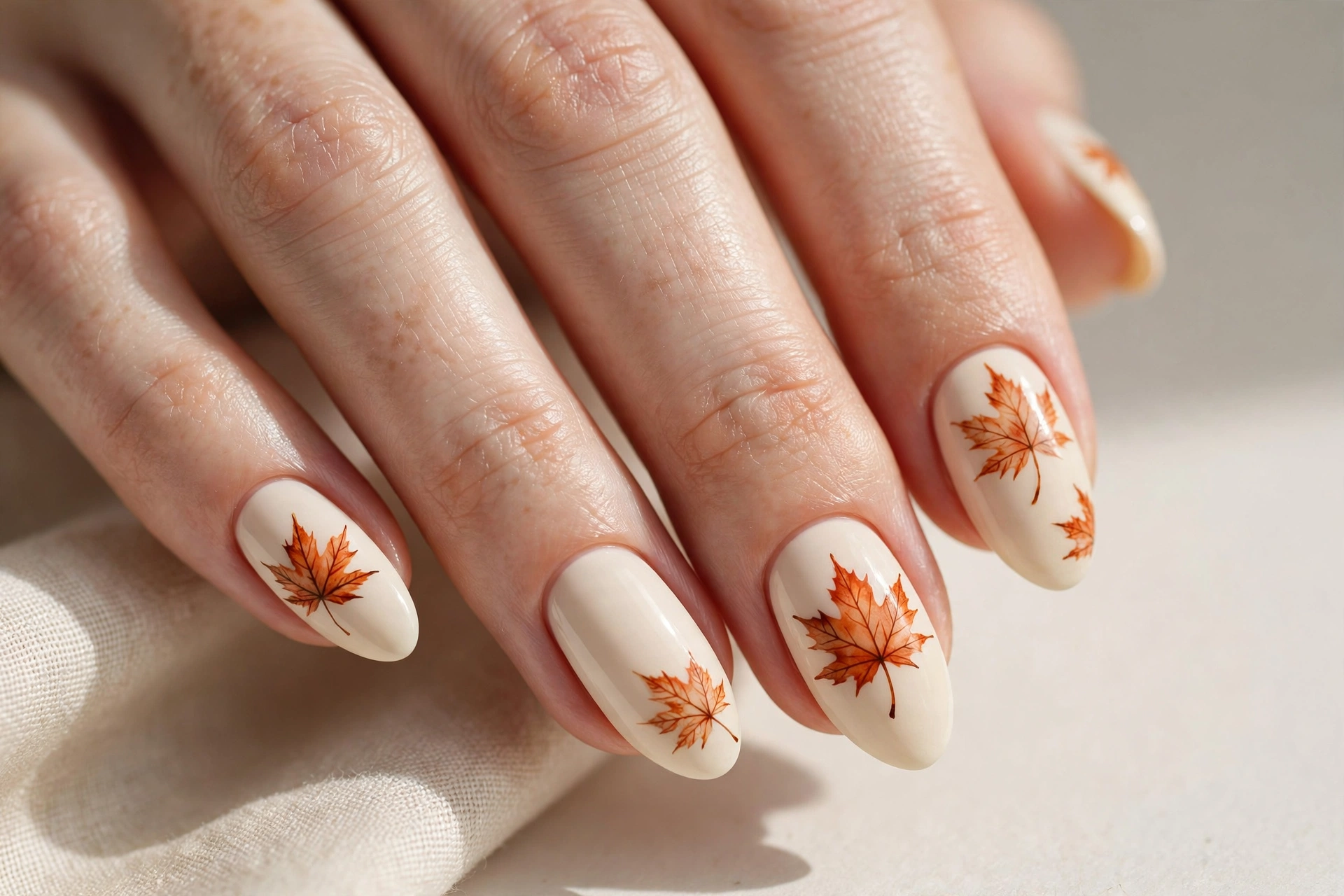 Hand-painted burnt-orange maple leaves on cream-colored almond nails