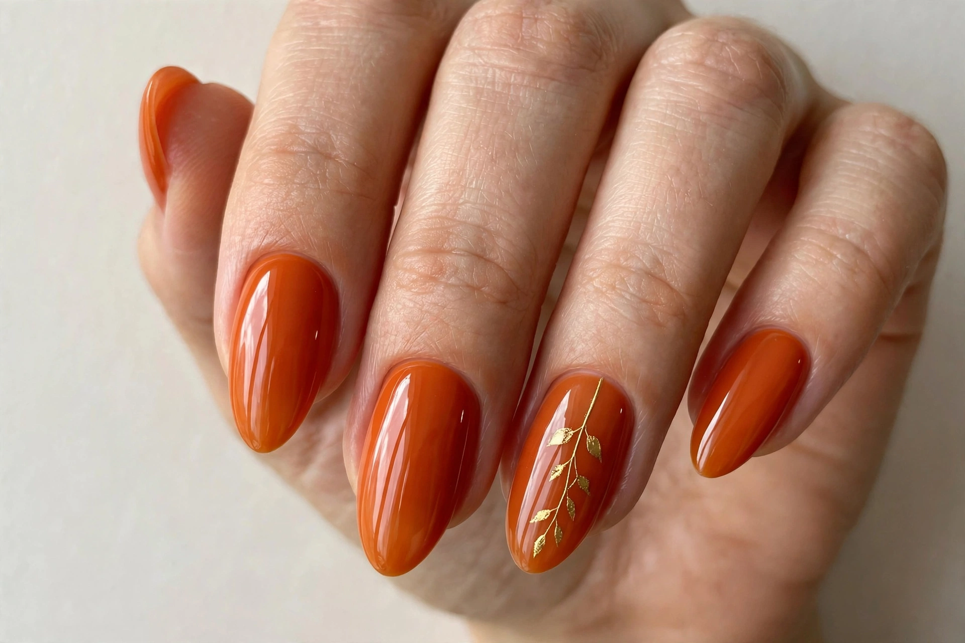 Glossy pumpkin-orange manicure with a delicate gold stem accent nail