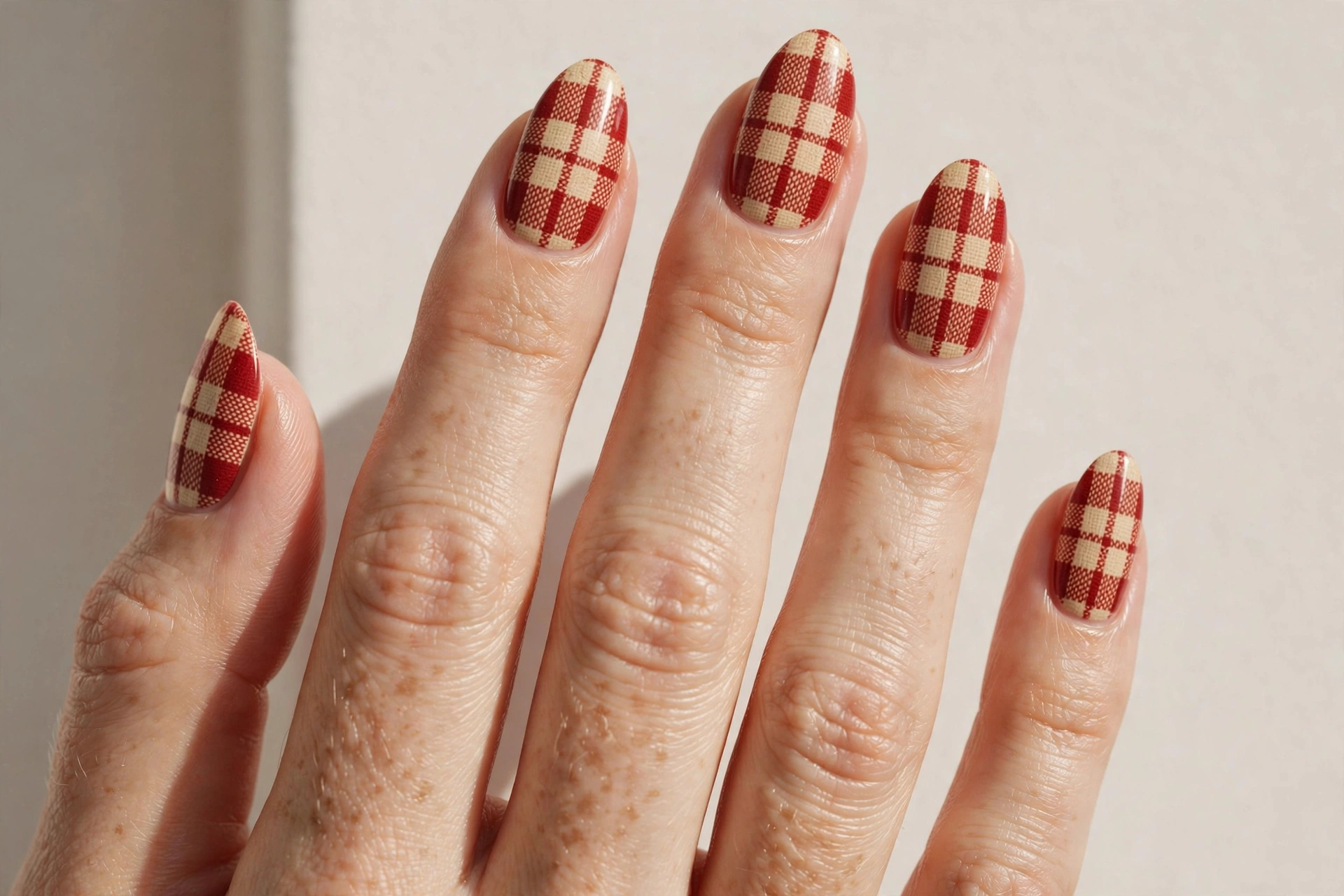 Red and cream plaid flannel pattern nail art on almond nails