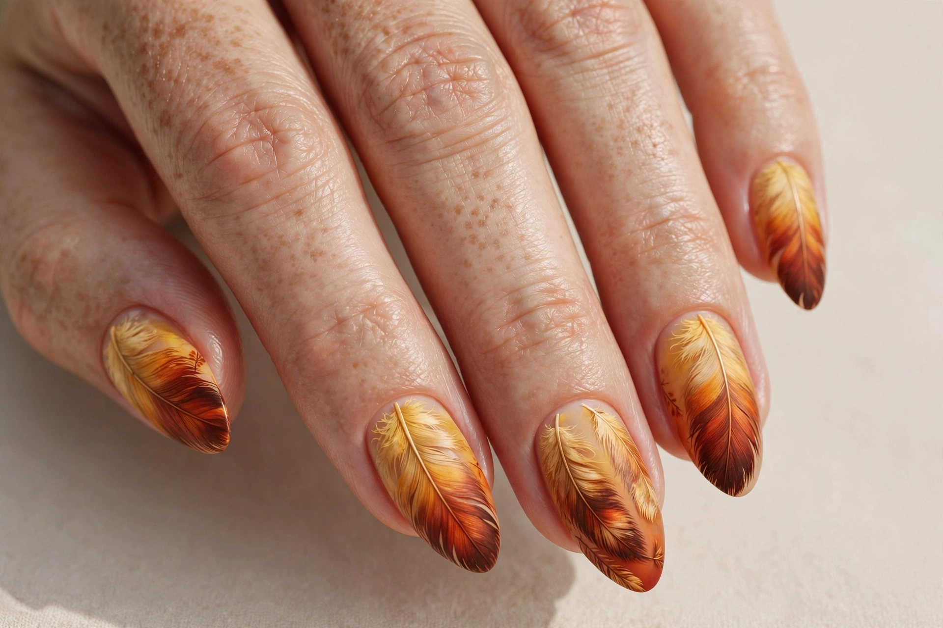 Warm ombre manicure fading from golden yellow to deep rust like autumn feathers