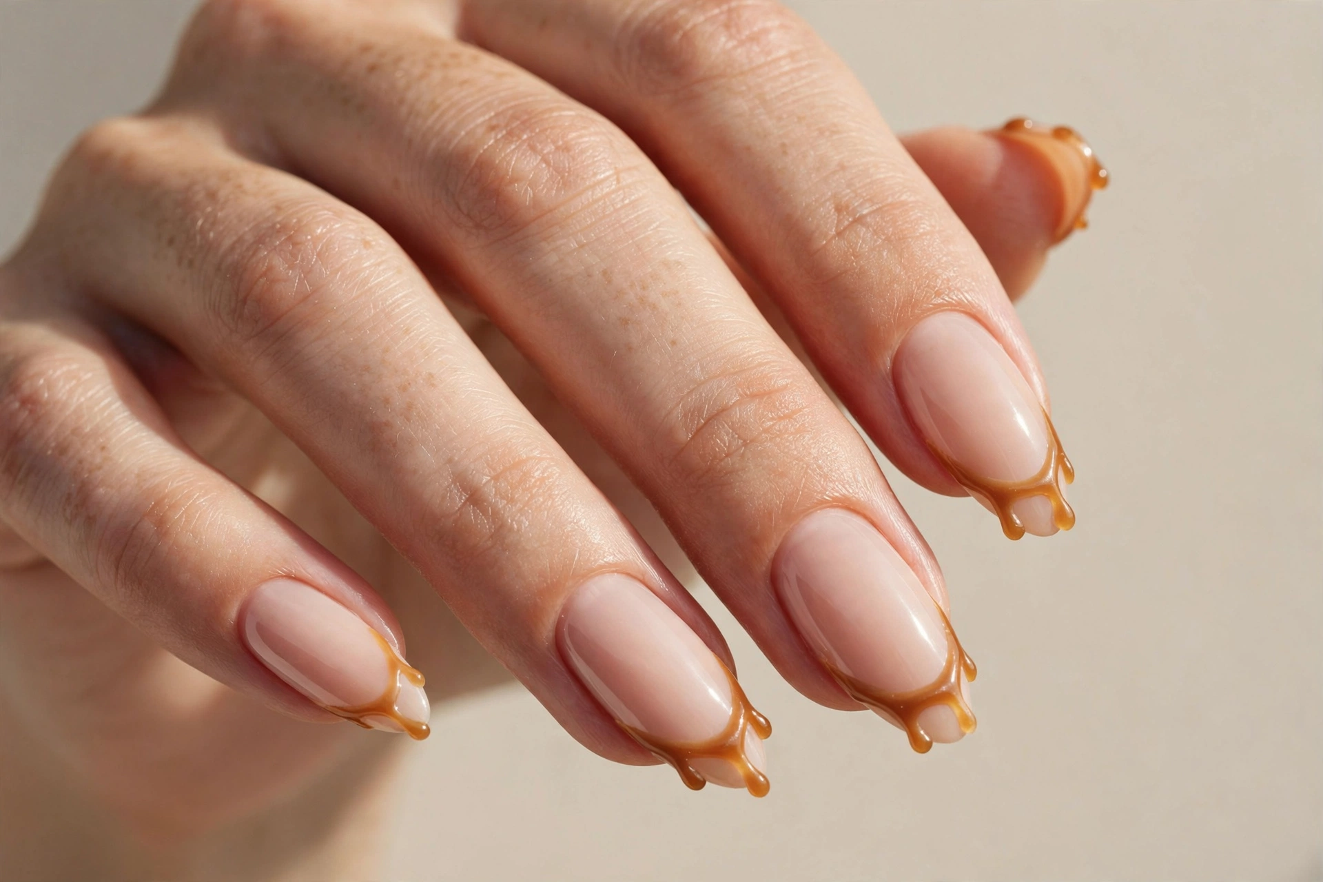 Nude nails with caramel-colored drizzle French tips