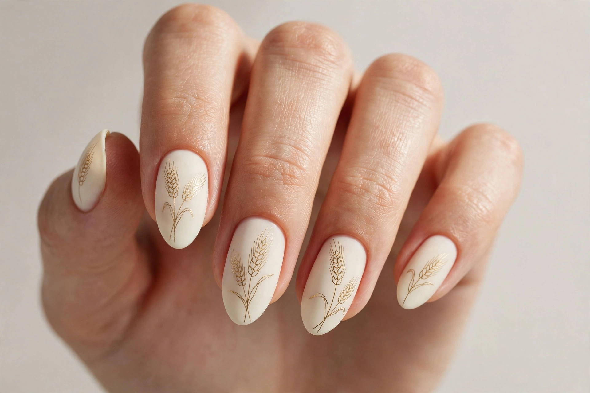 Cream nails with fine gold wheat sheaf line art