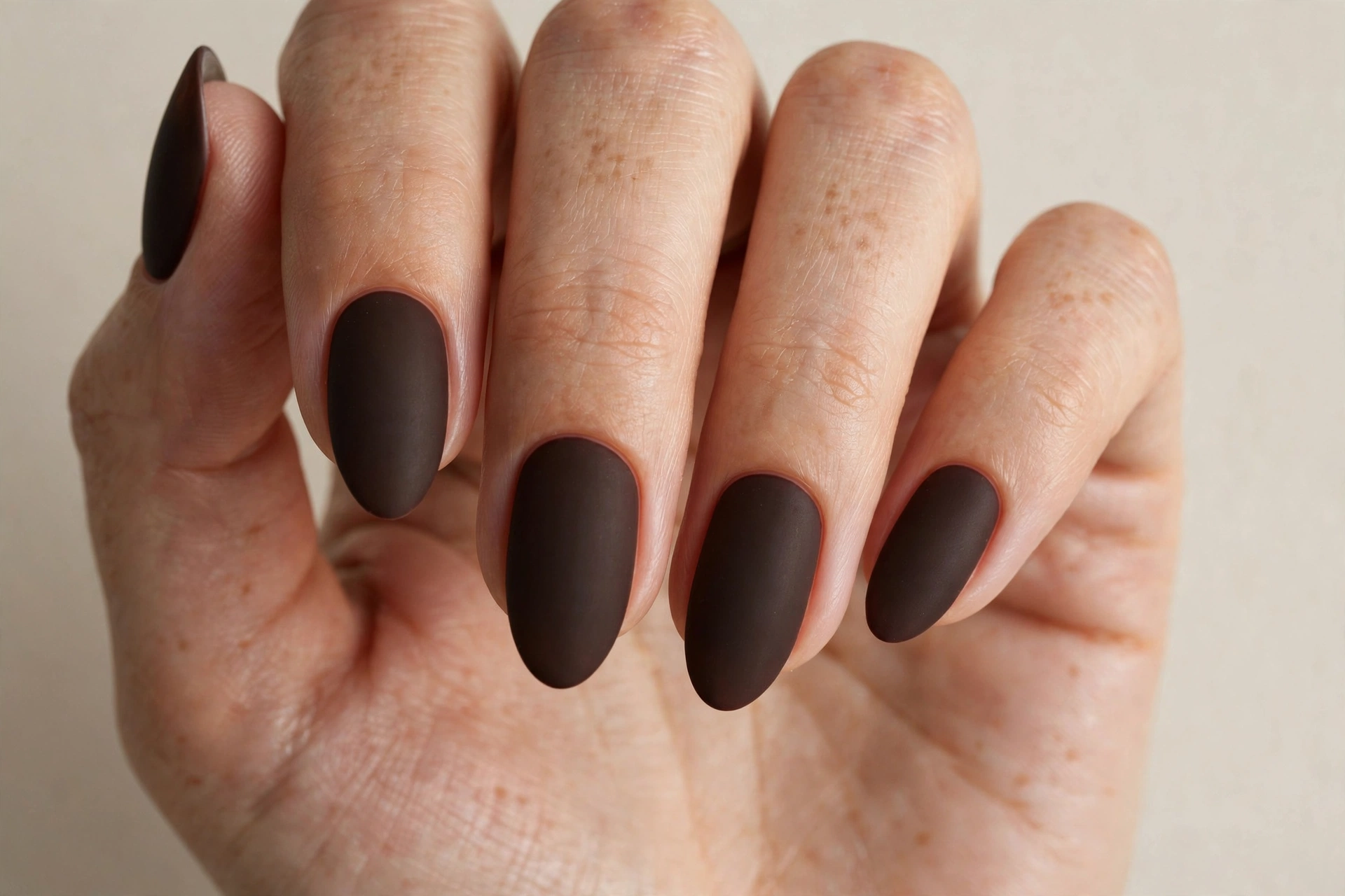 Matte deep espresso-brown manicure on almond nails