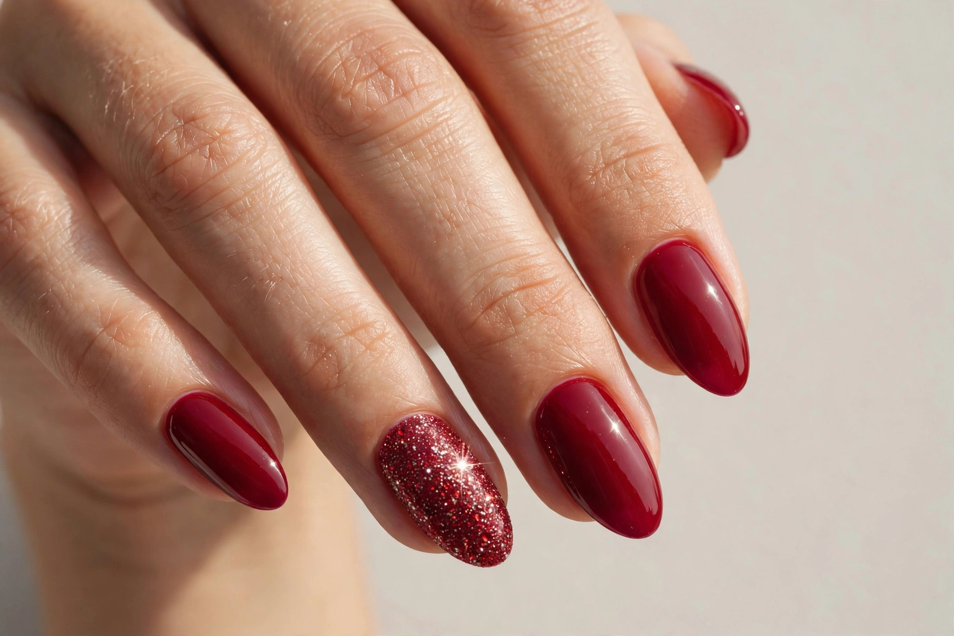 Cranberry-red nails with a glitter accent nail