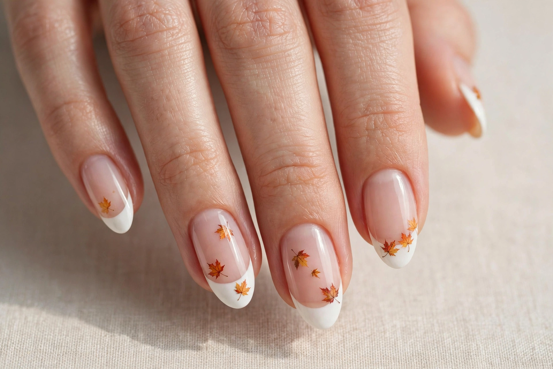 French tip manicure decorated with tiny falling maple leaves
