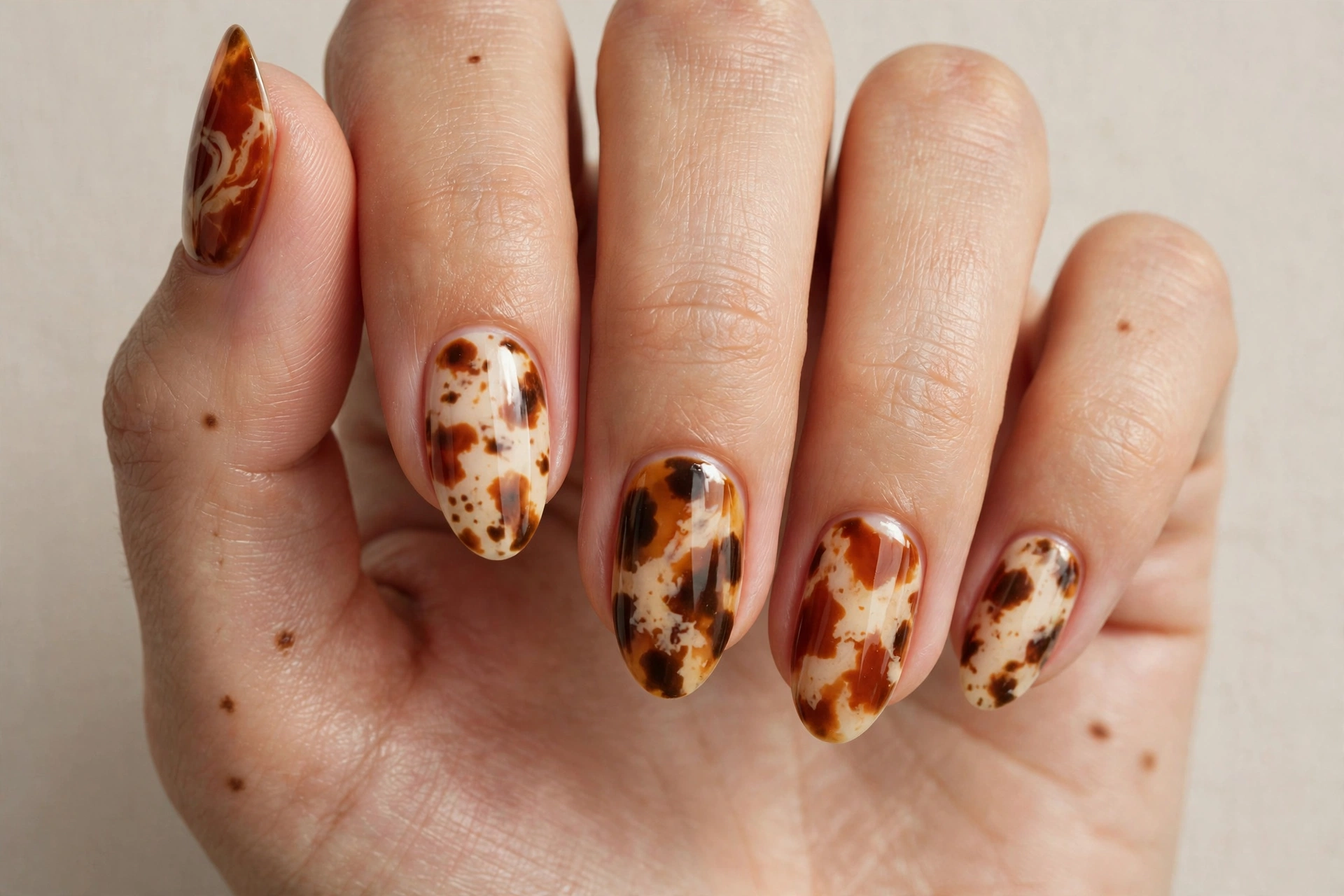 Rust and cream tortoiseshell pattern nail art