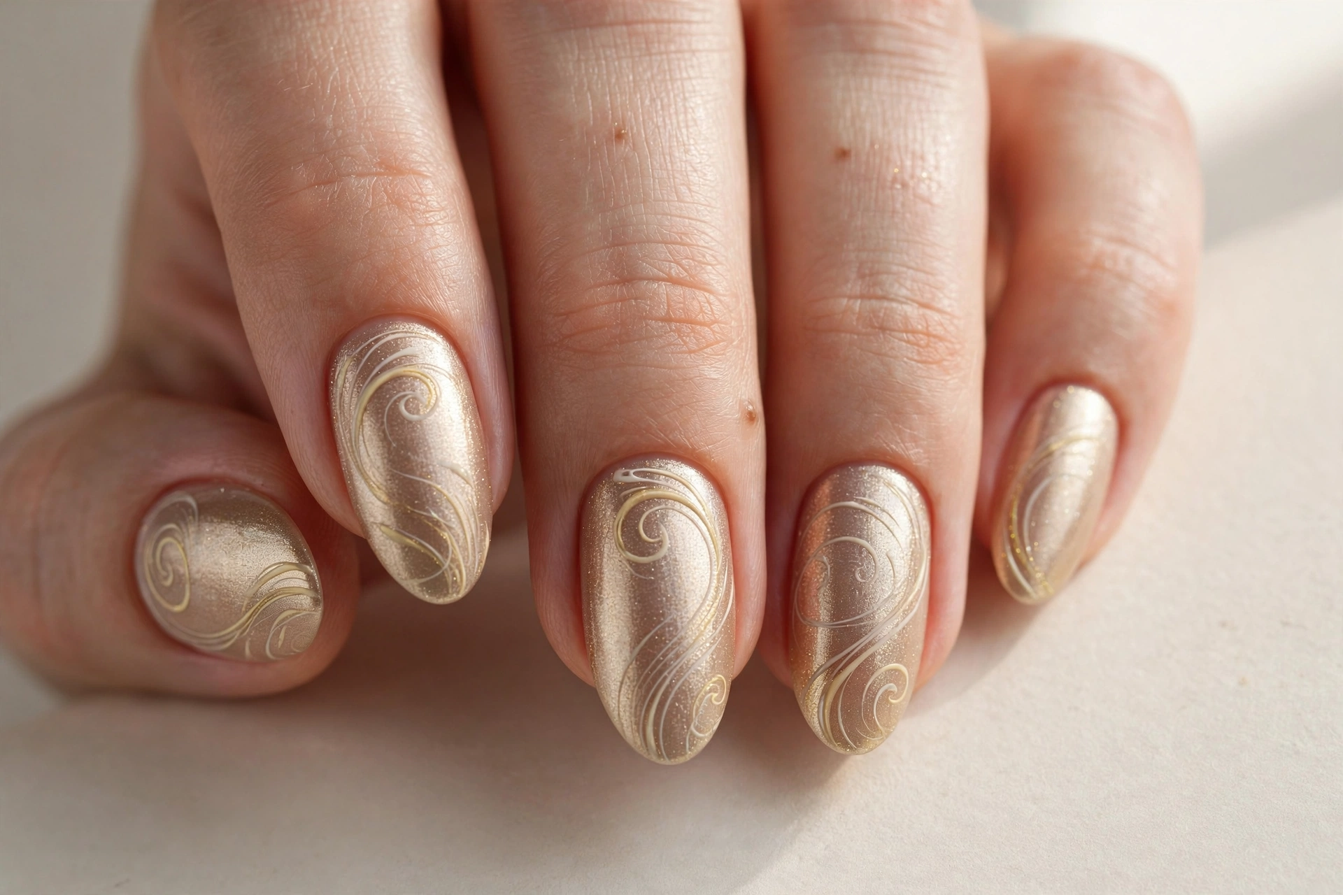 Shimmering champagne-gold nails with elegant swirl accents