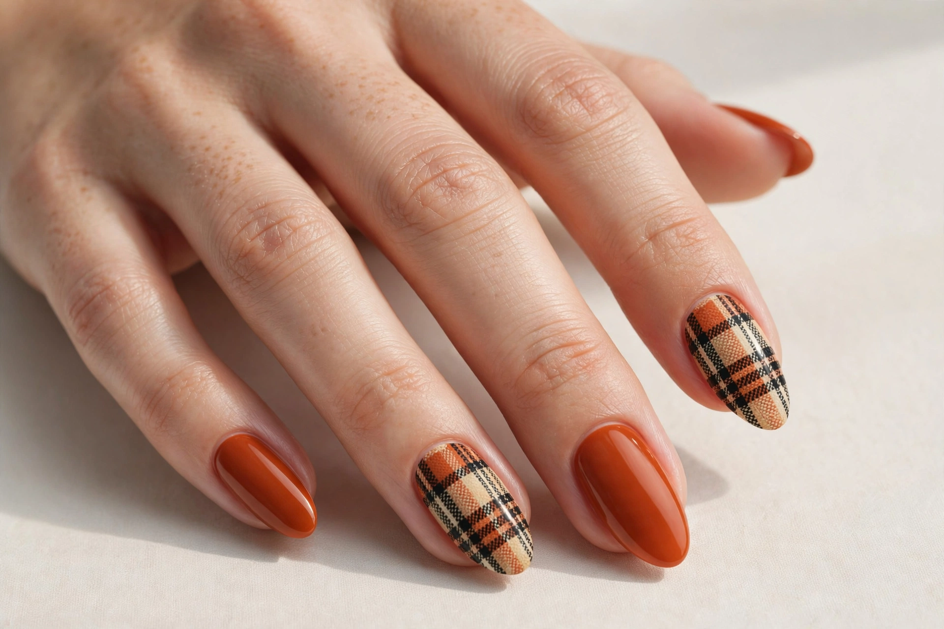 Mixed nail set with plaid accent nails and solid burnt-orange nails