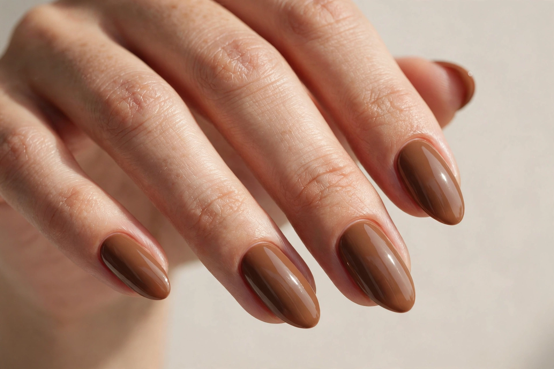 Warm acorn-brown glossy manicure on almond nails