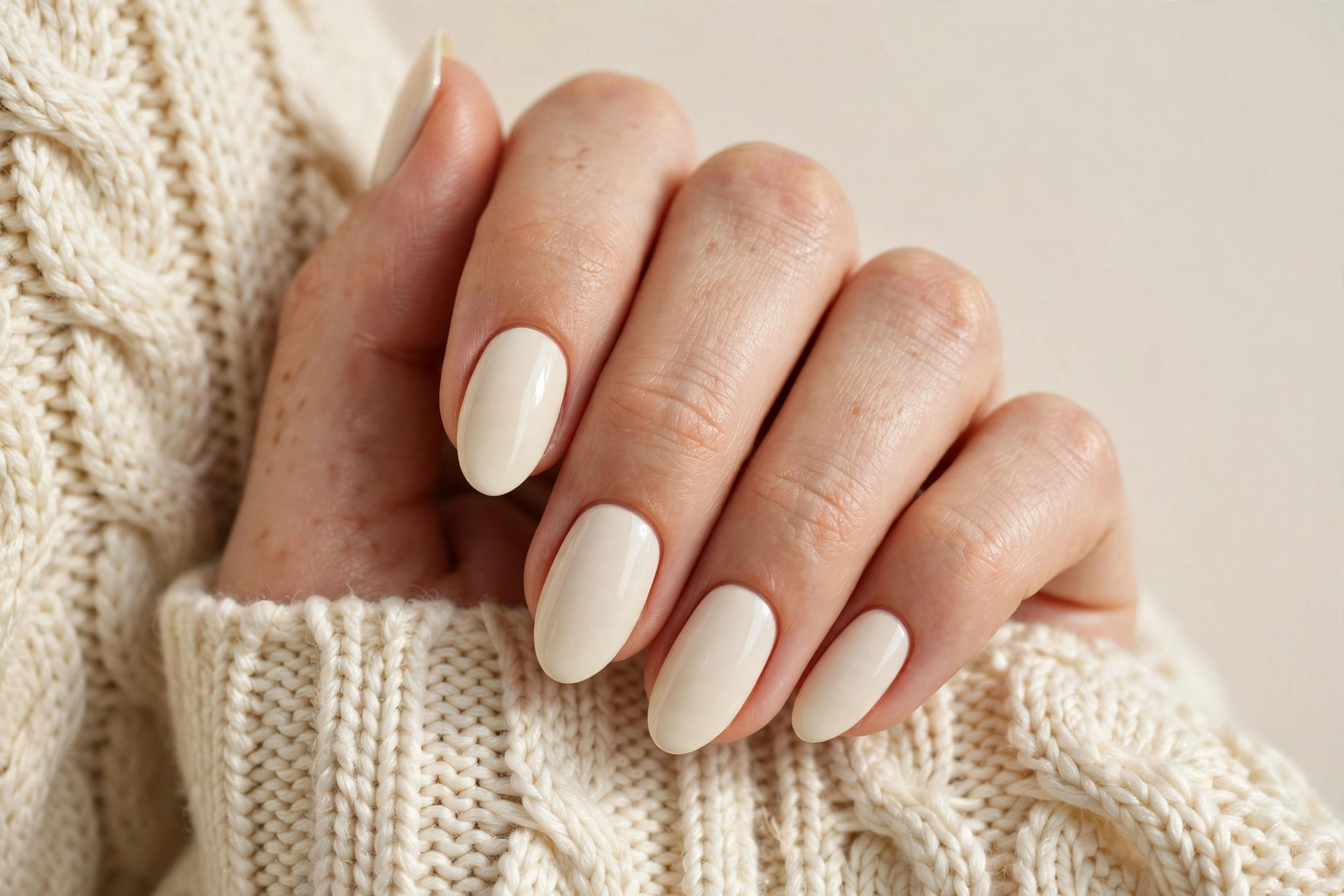 Cream nails with cozy cable-knit sweater texture nail art