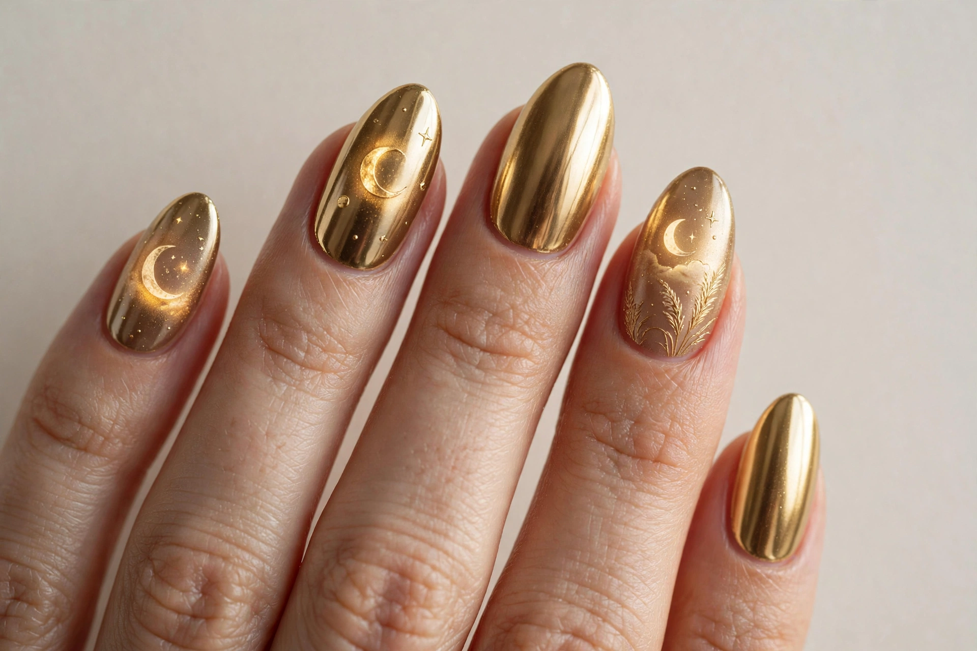 Gold chrome nails with a harvest moon glow