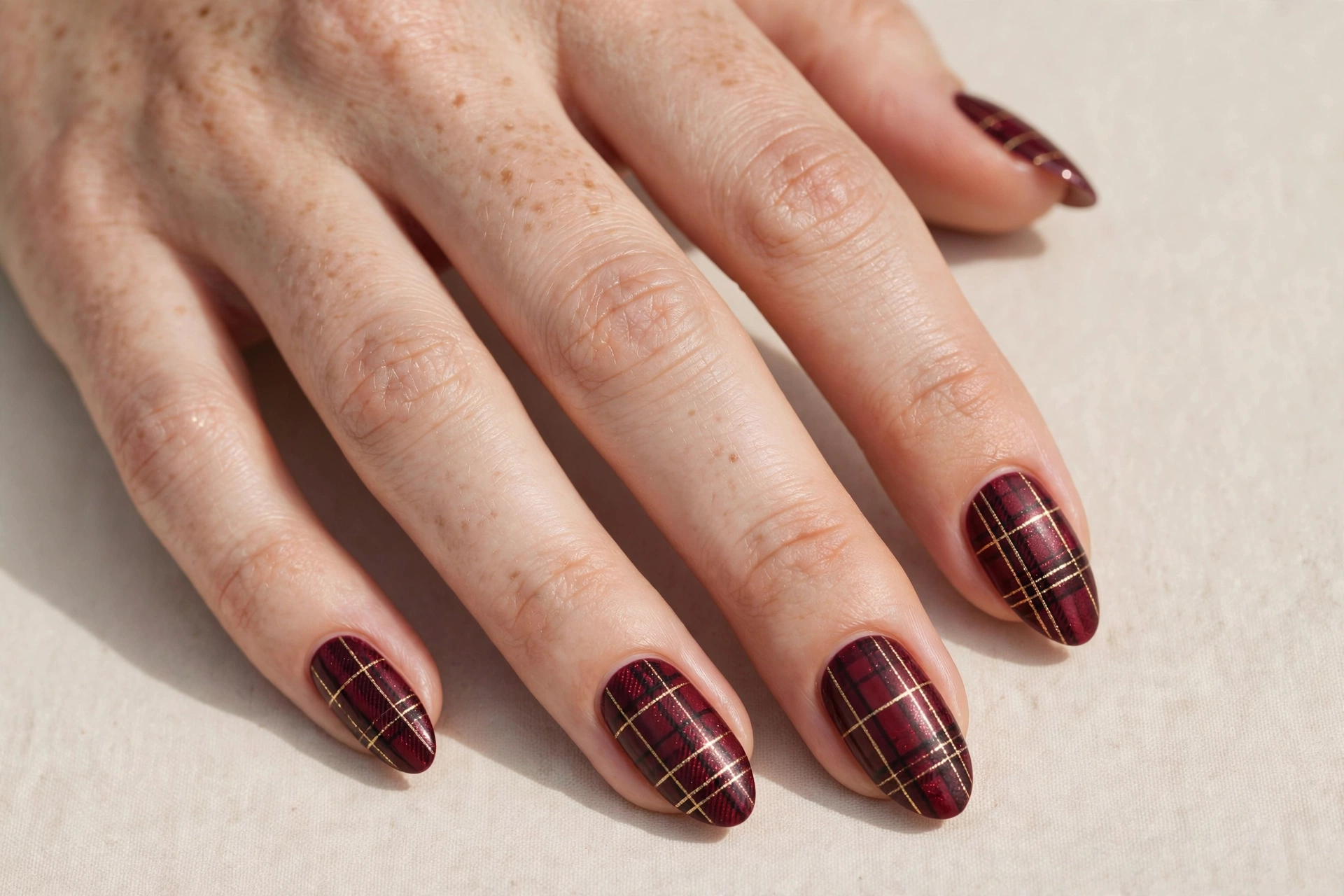 Burgundy plaid nail art with thin gold pinstripes