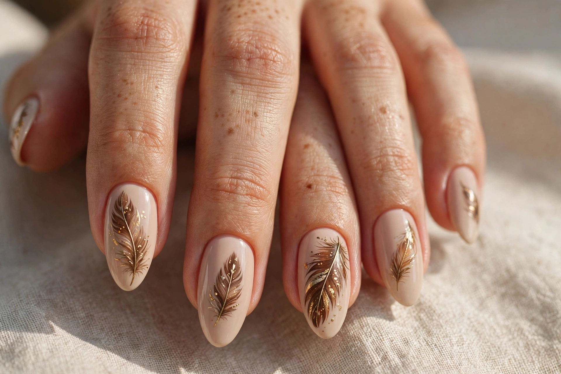 Minimalist turkey feather motif in browns and gold on nude nails