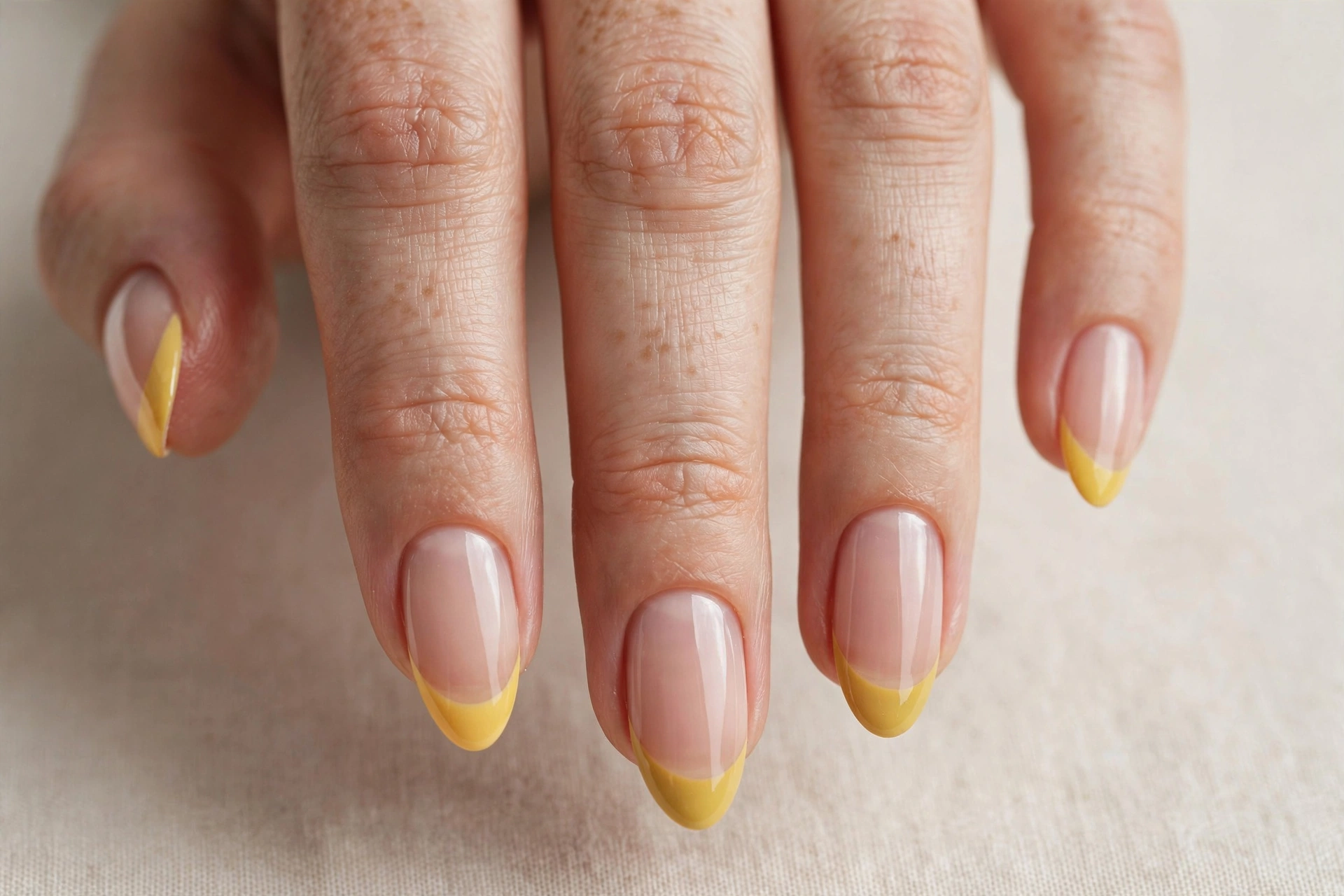 Sheer nude nails with corn-yellow French tips