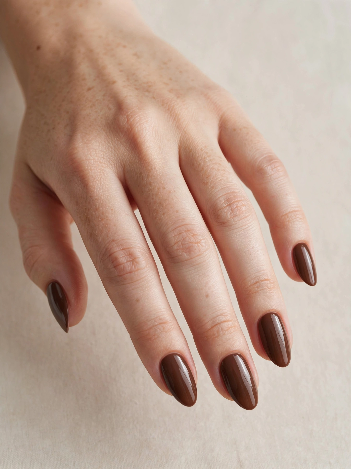 Glossy chocolate-brown manicure on almond nails