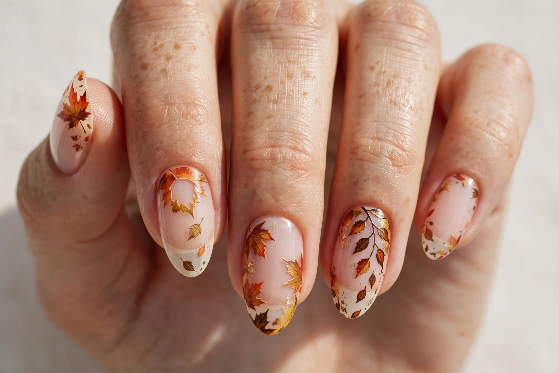 Negative-space nail art with falling leaves in autumn colors on bare nails