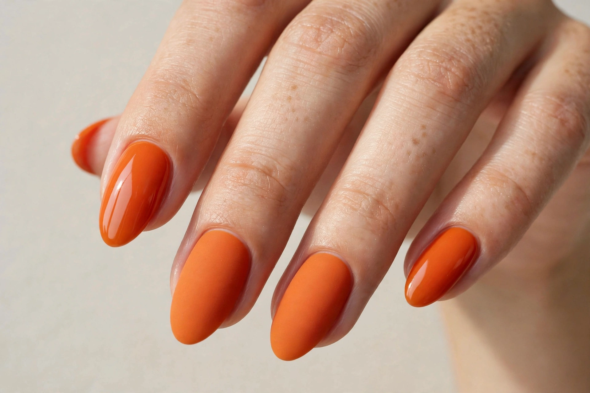 Pumpkin-orange nails with a soft matte top coat finish