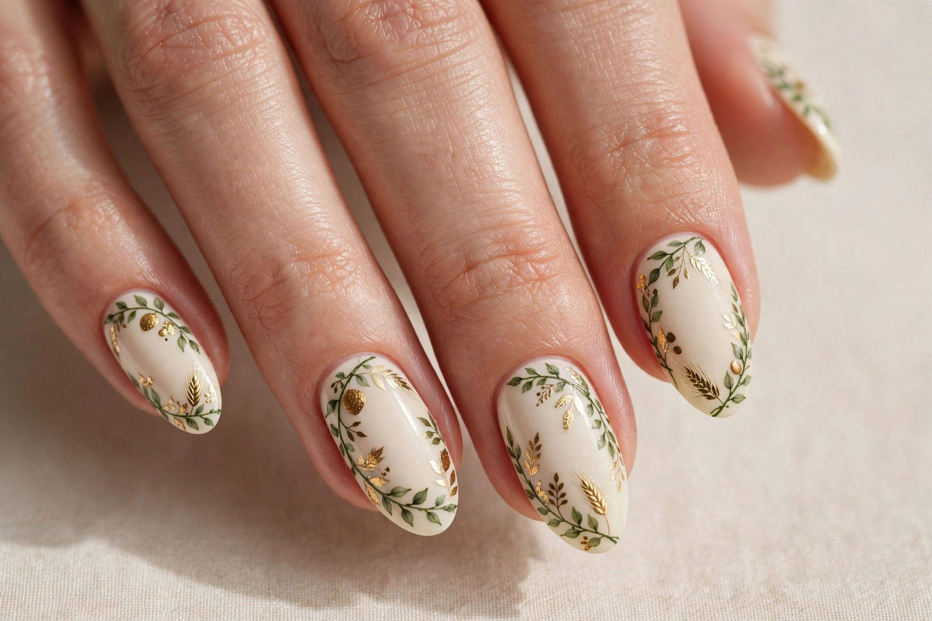 Green and gold harvest garland vine nail art on cream nails