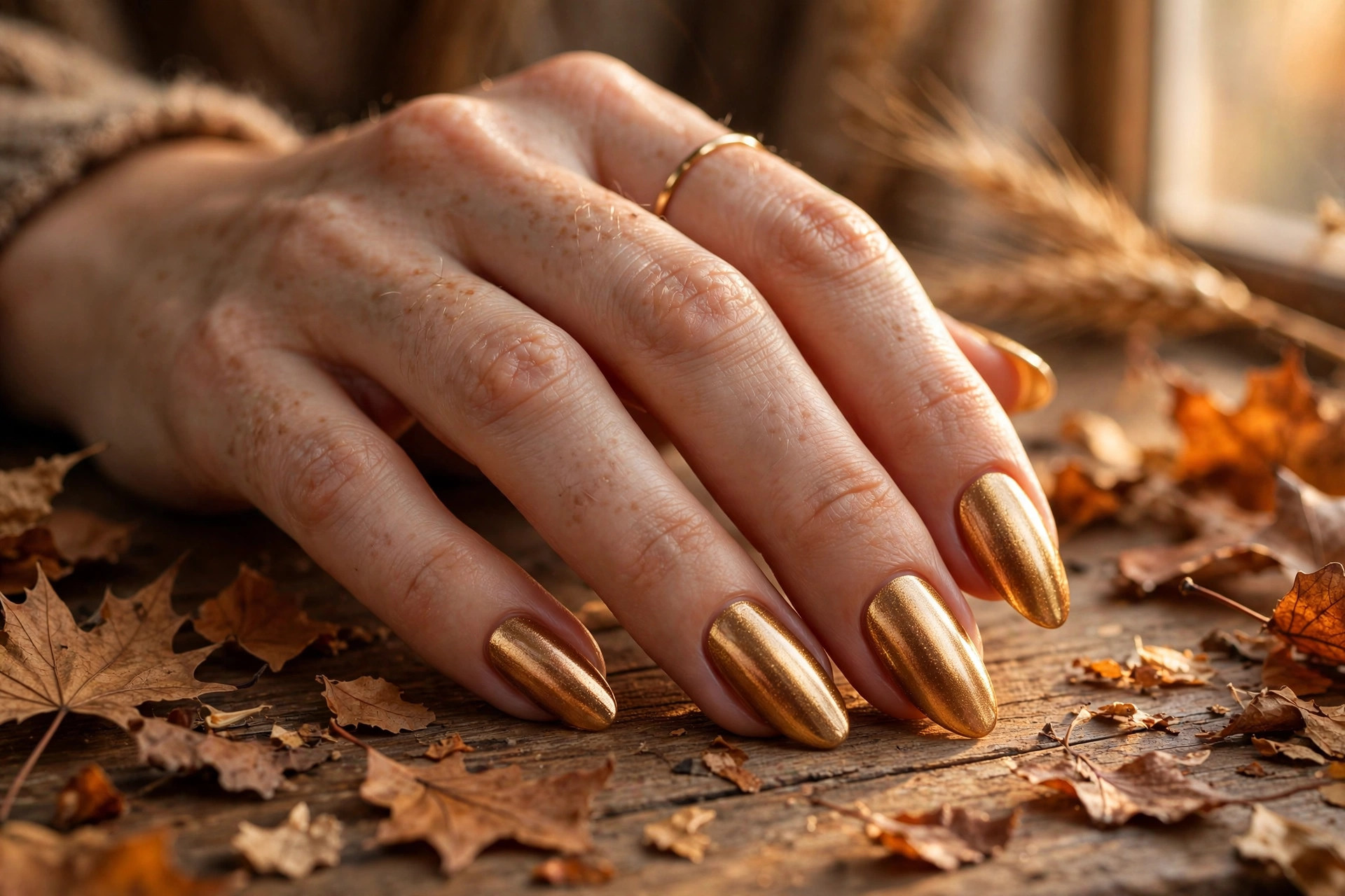 Harvest gold metallic thanksgiving nail designs on long almond nails
