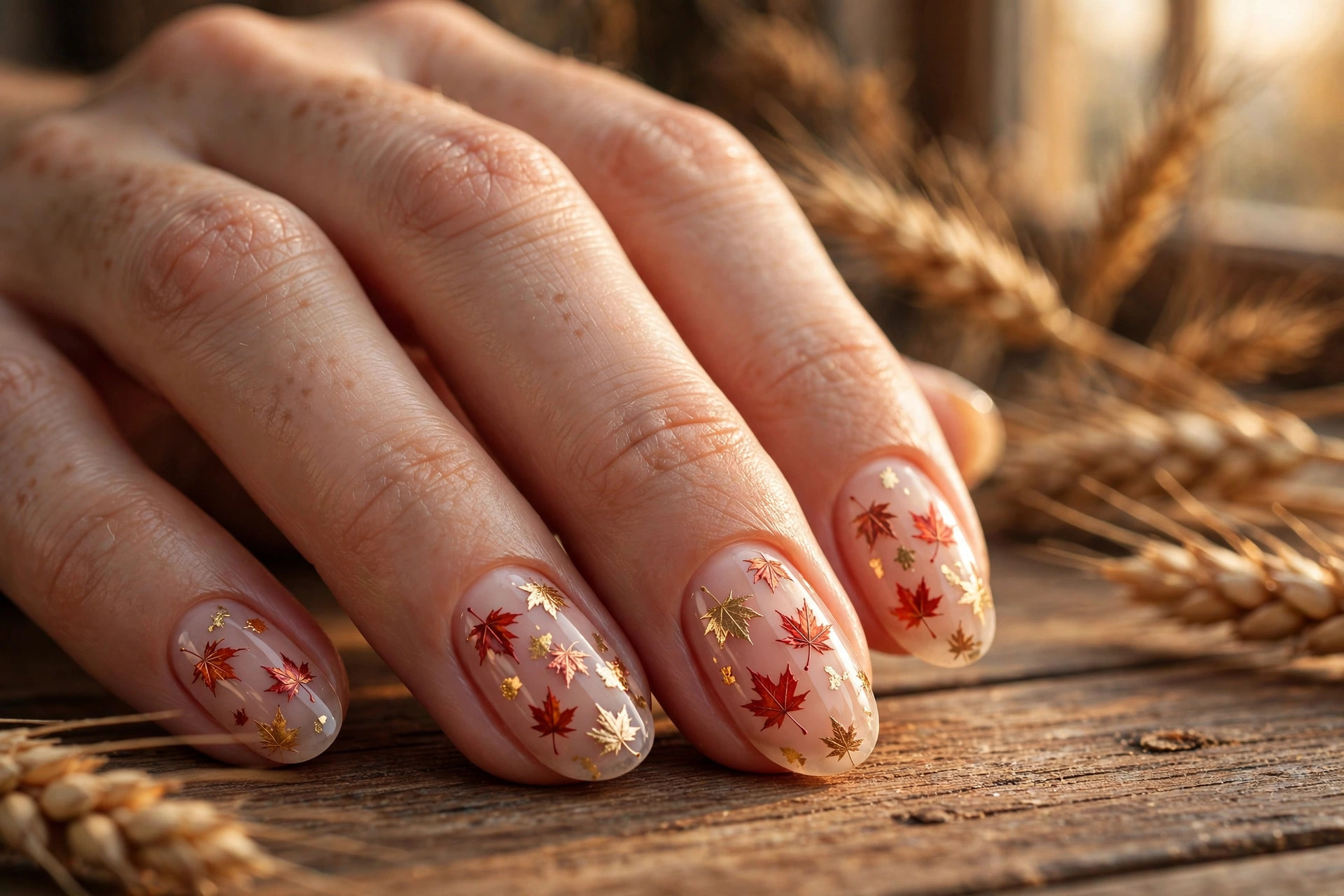 Hand-painted falling maple leaves thanksgiving nail art on nude base