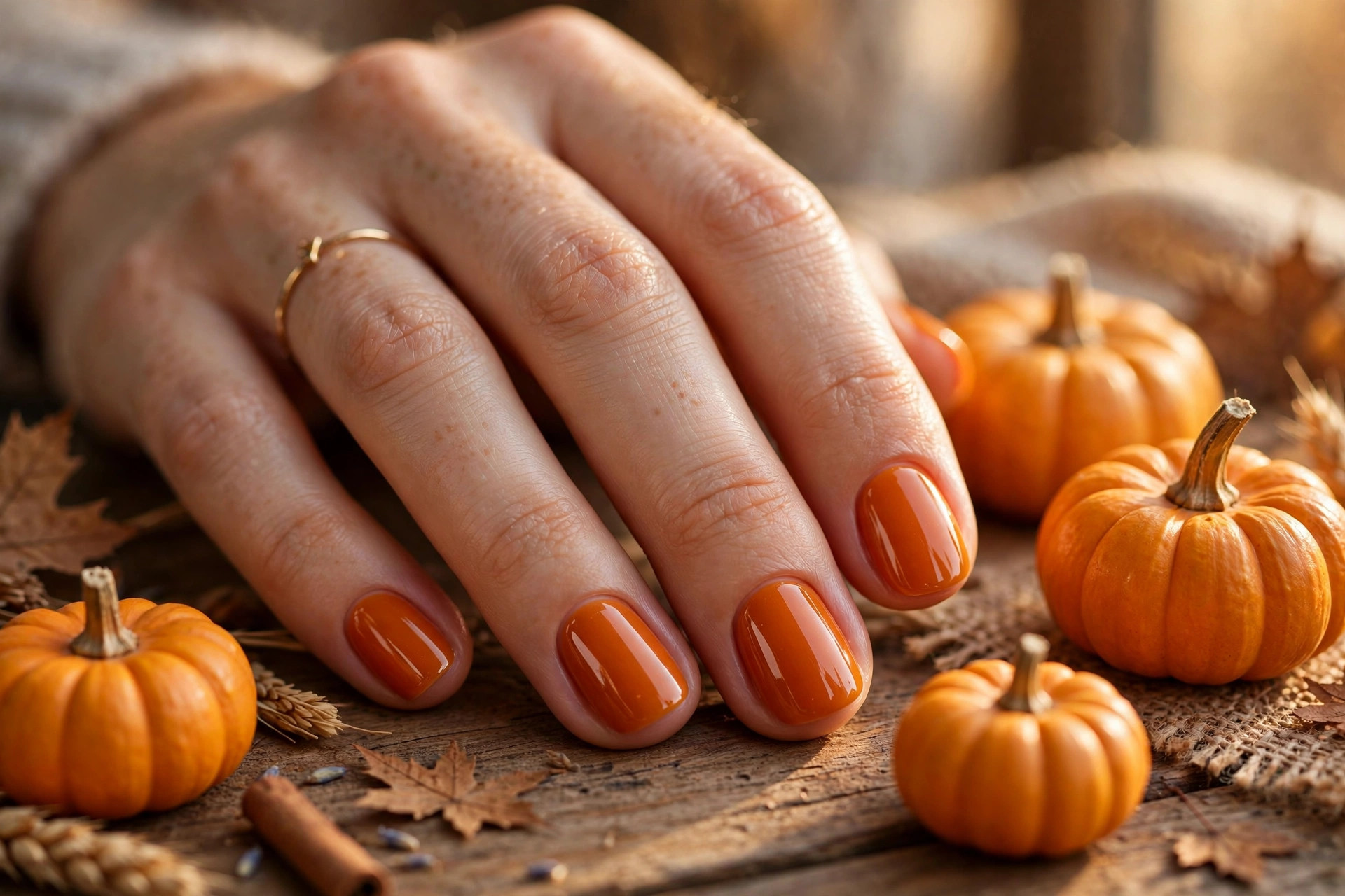 Glossy pumpkin pie orange thanksgiving nails on short rounded nails