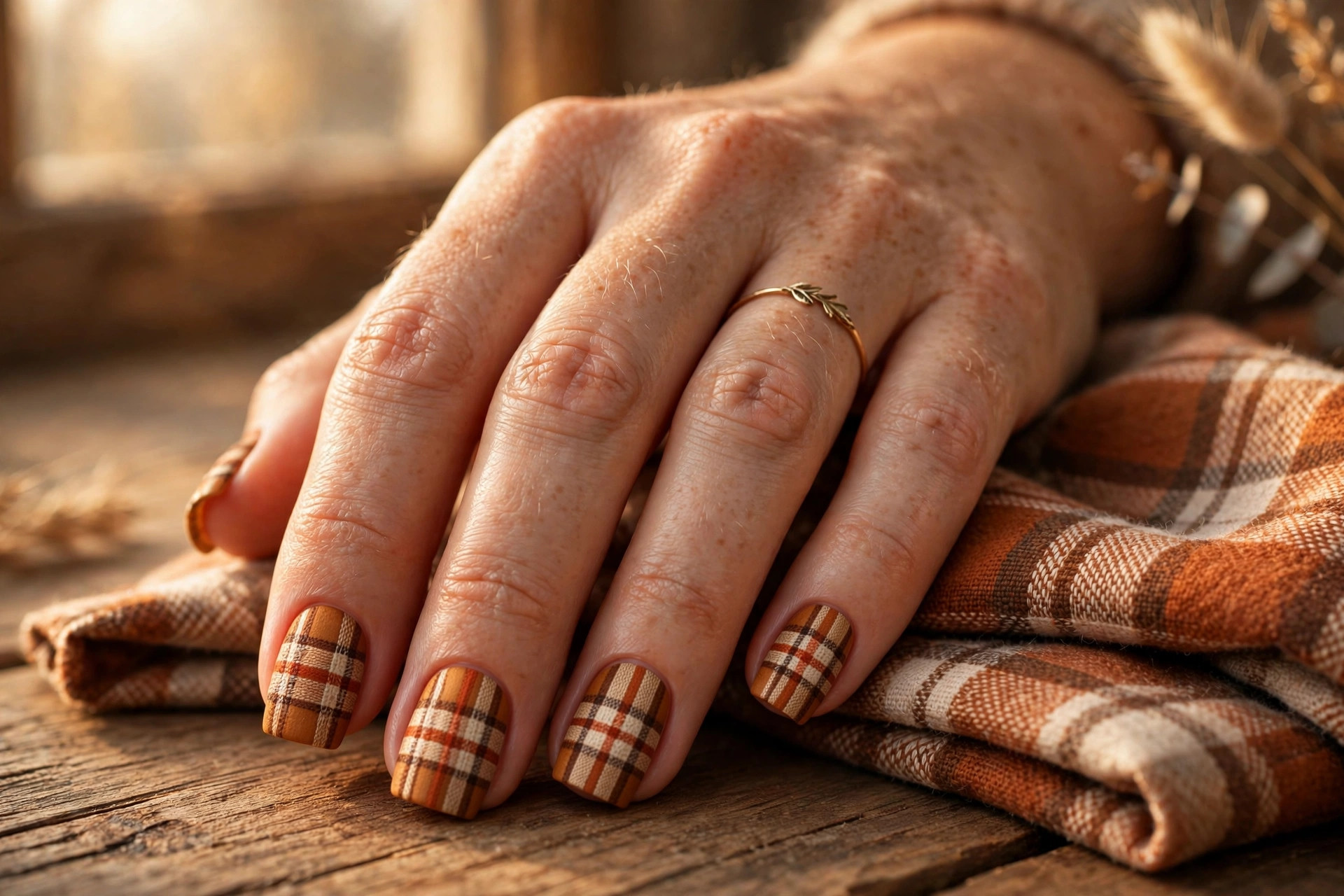 Plaid flannel pattern thanksgiving nail art in rust orange and cream