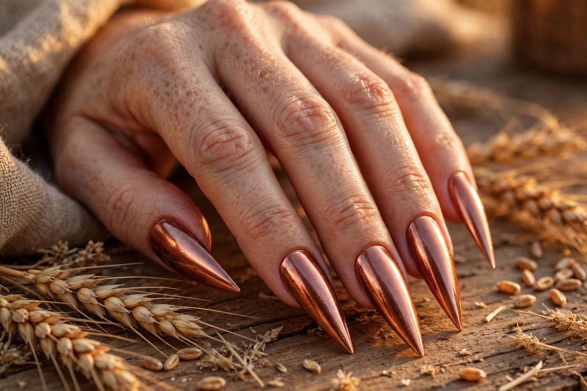 Reflective copper shimmer metallic thanksgiving nails on long stiletto nails