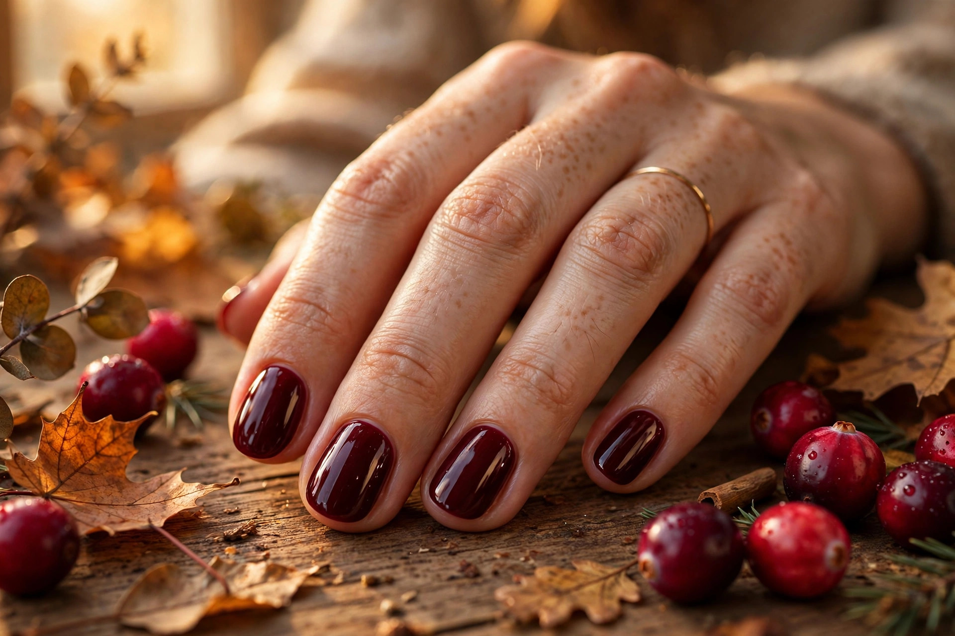 Deep cranberry wine thanksgiving nail designs on short oval nails