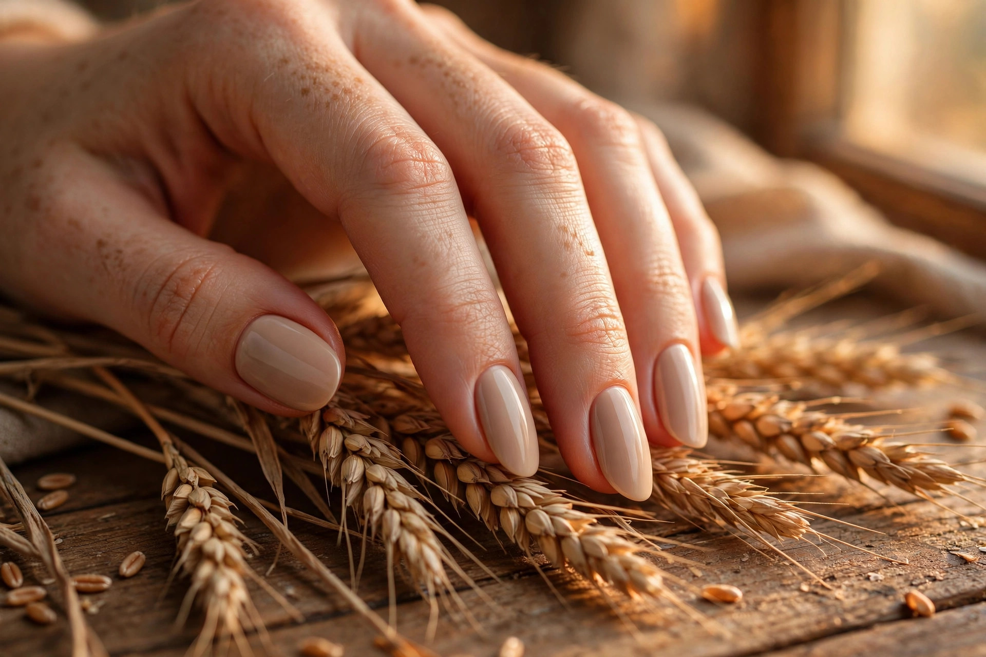 Soft wheat beige neutral thanksgiving nails on almond nails